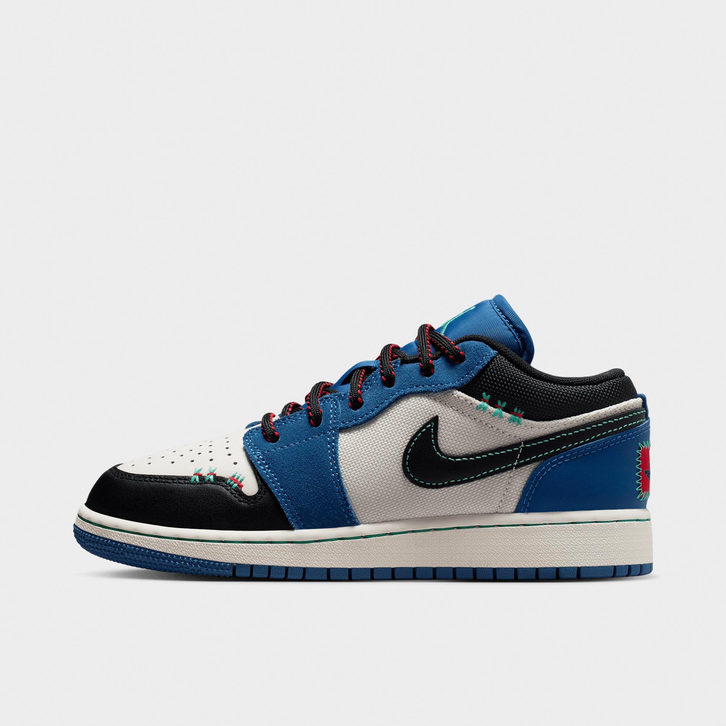 Jordan Big Kids Air Retro 1 Low SE Casual Shoes in True Blue/University Red/Kinetic Green Size: 4.5
