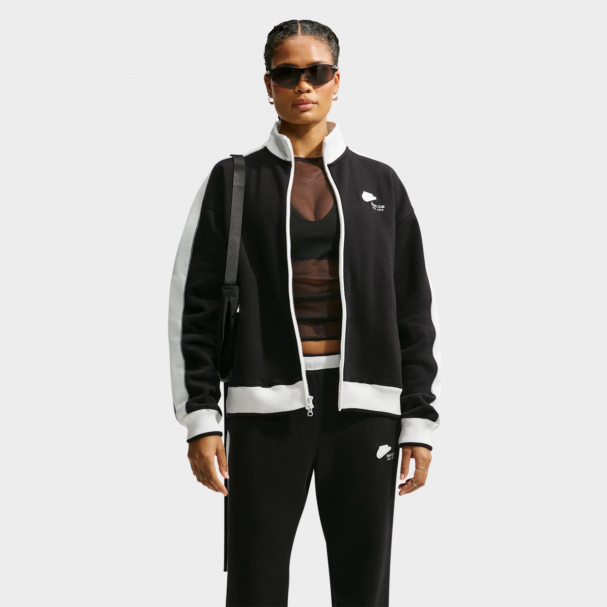 Nike Women's Studio Fleece Medium-Weight " Run Club" Track Jacket in Total Black/Sail/Total Black Size: Small