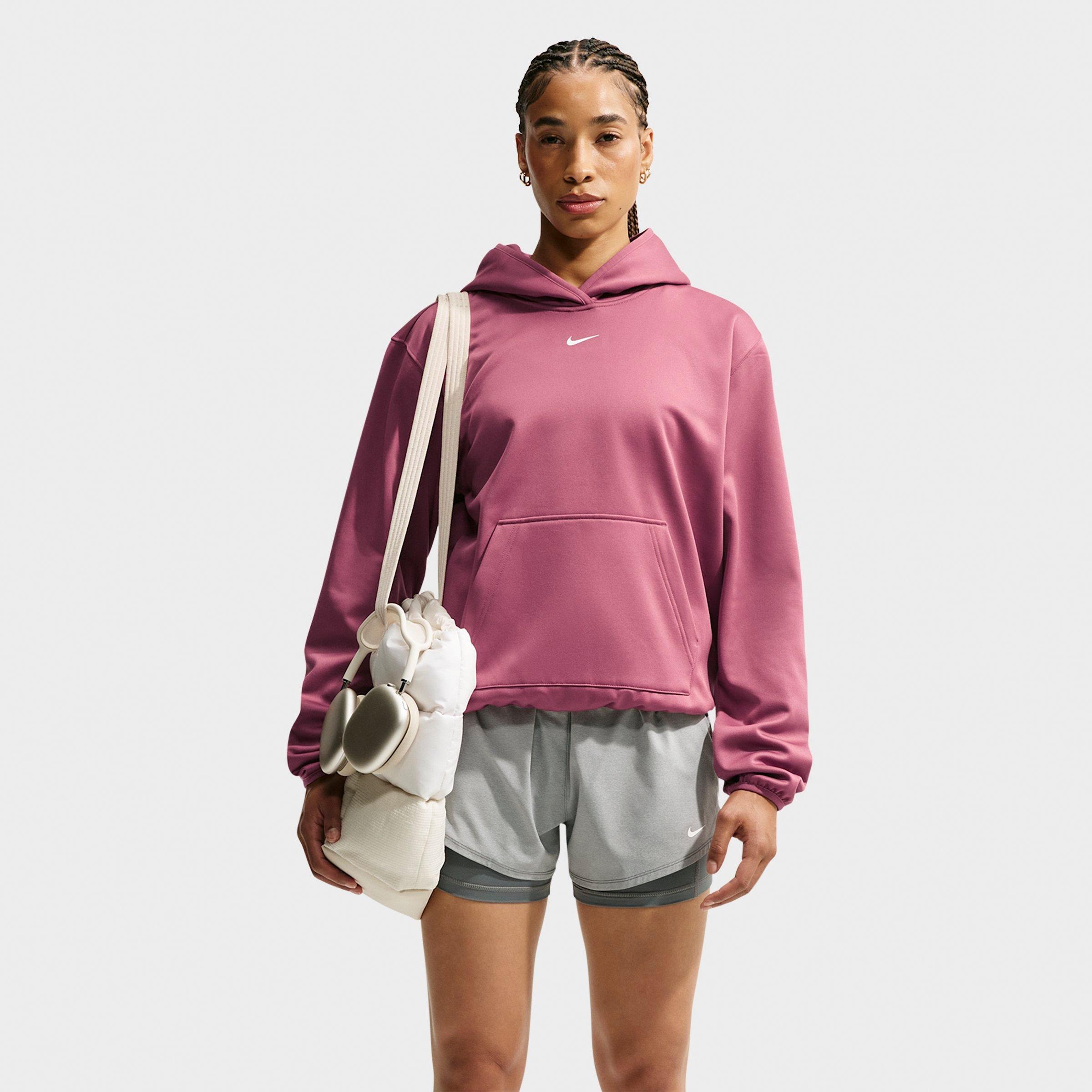 Nike Women's Studio Fleece Sport Therma-FIT Pullover Hoodie in Pink Smoke/White Size: Medium