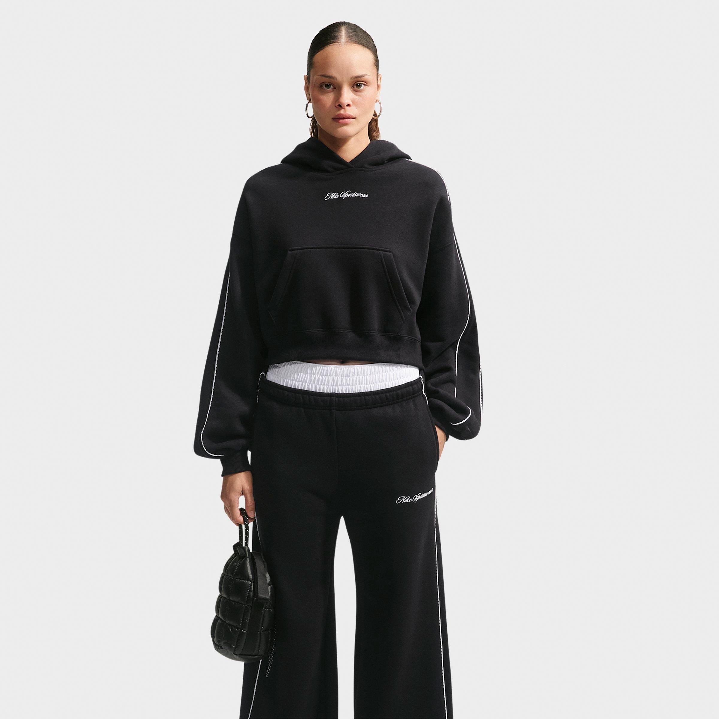 Nike Women's Studio Fleece Medium Weight "Graphic Pack" Cropped Pullover Hoodie in Total Black/Sail/Total Black Size: XL