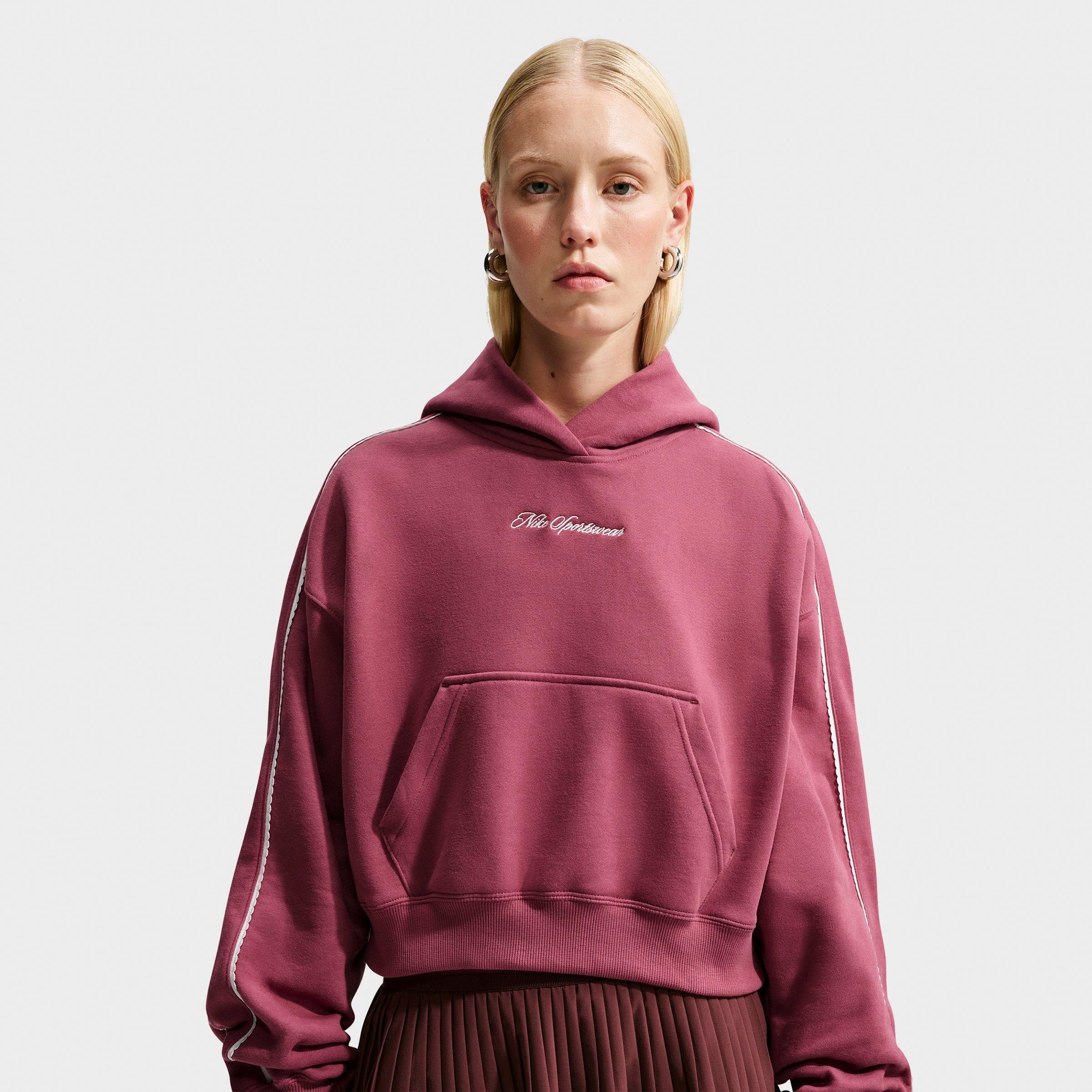 Nike Women's Studio Fleece Medium Weight "Graphic Pack" Cropped Pullover Hoodie in Pink Smoke/Sail/Pink Smoke