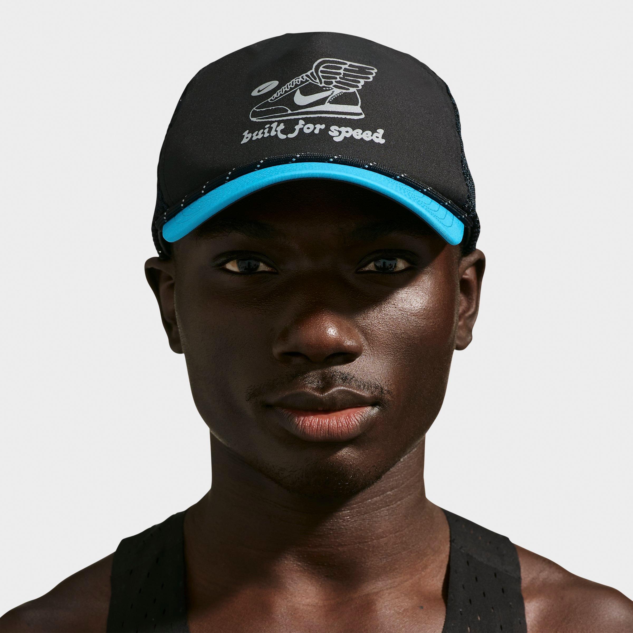 Nike Pro Dri-FIT Unstructured Graphic Running Bungee Closure Hat in Black/Light Current Blue/Anthracite Size: S-M