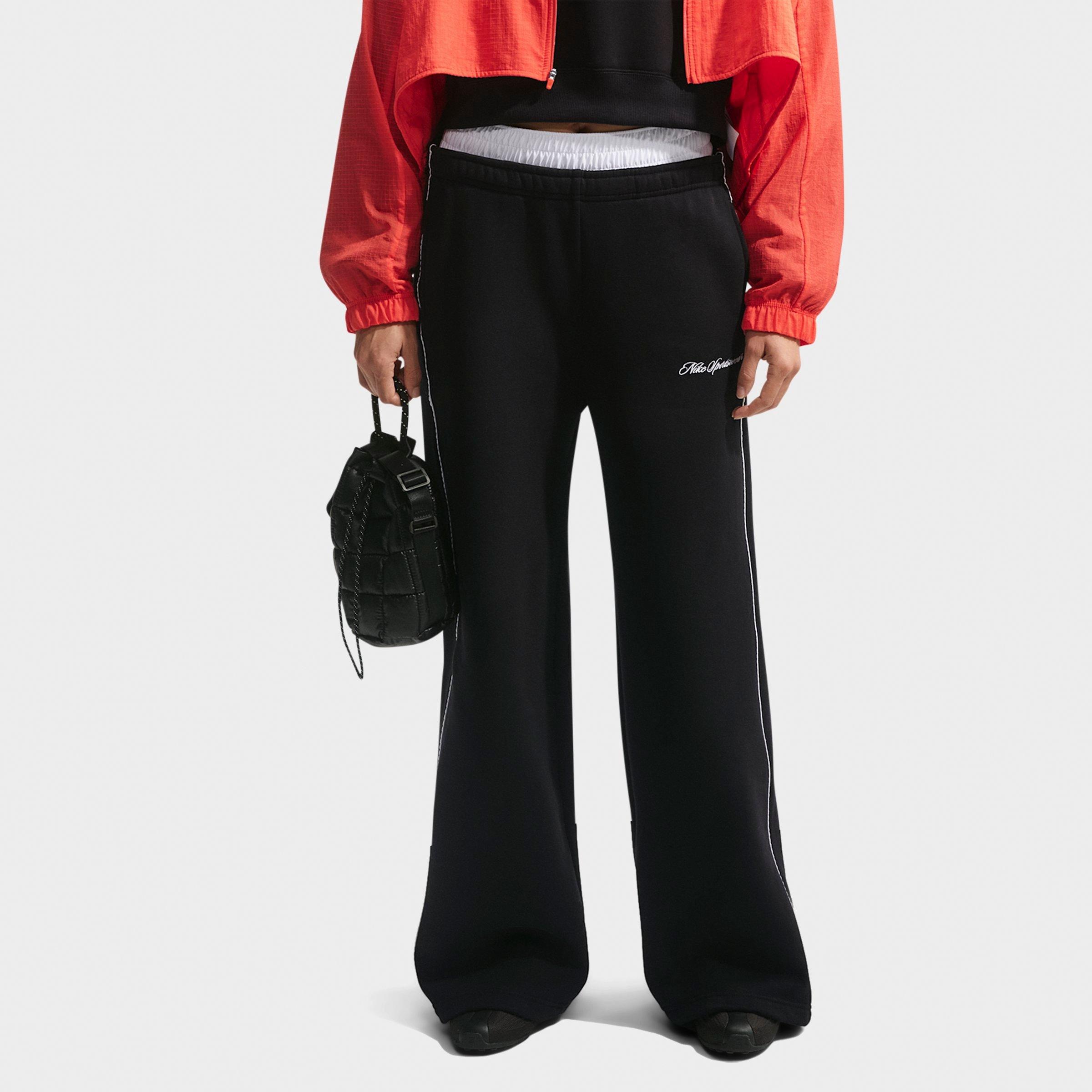Nike Women's Studio Fleece Medium-Weight "Graphic Pack" Mid-Rise Wide-Leg Pants in Total Black/Sail/Total Black Size: Large