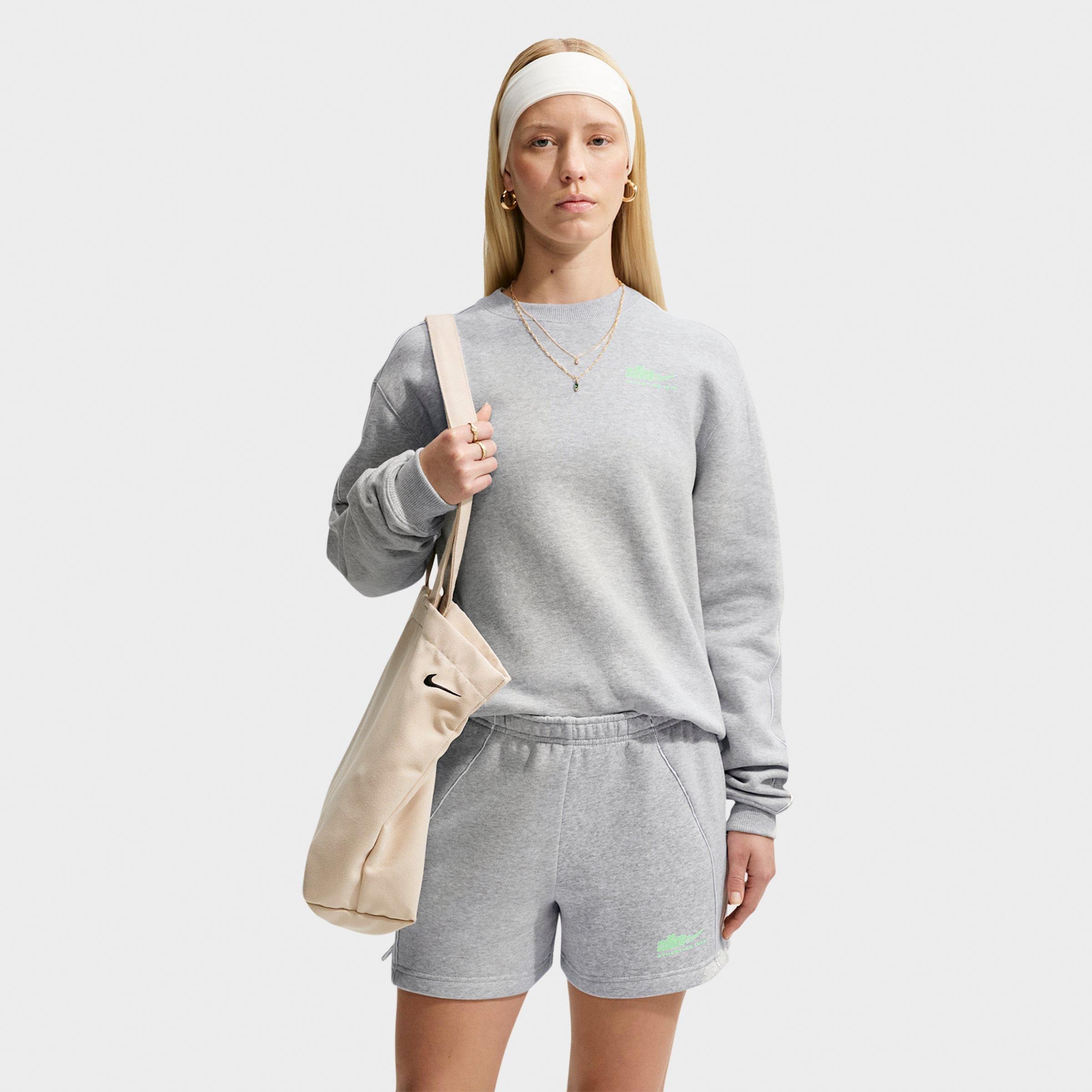 Nike Women's Studio Fleece Medium Weight Athletic Department "Graphic Pack" Crewneck Sweatshirt in Grey Heather/Illusion Green Size: XL
