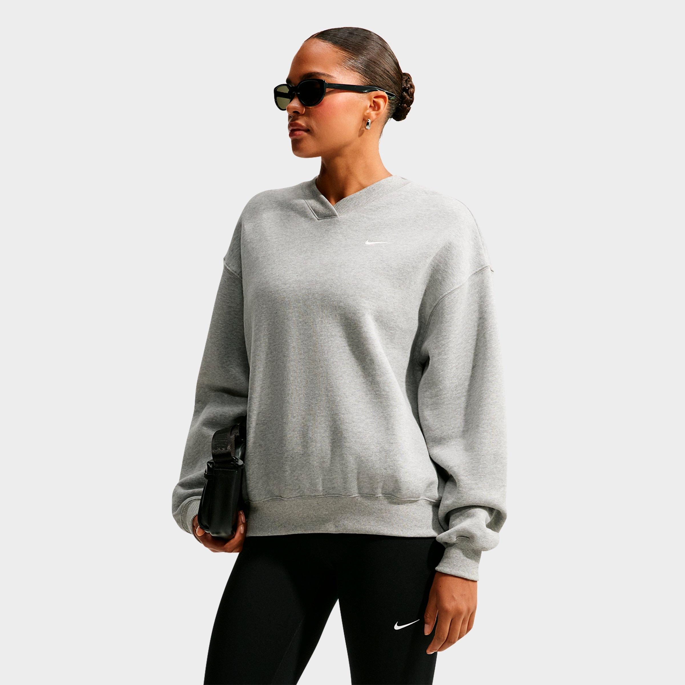 Nike Women's Studio Fleece Medium Weight Oversized V-Neck Sweatshirt in Dark Grey Heather/Sail Size: XL