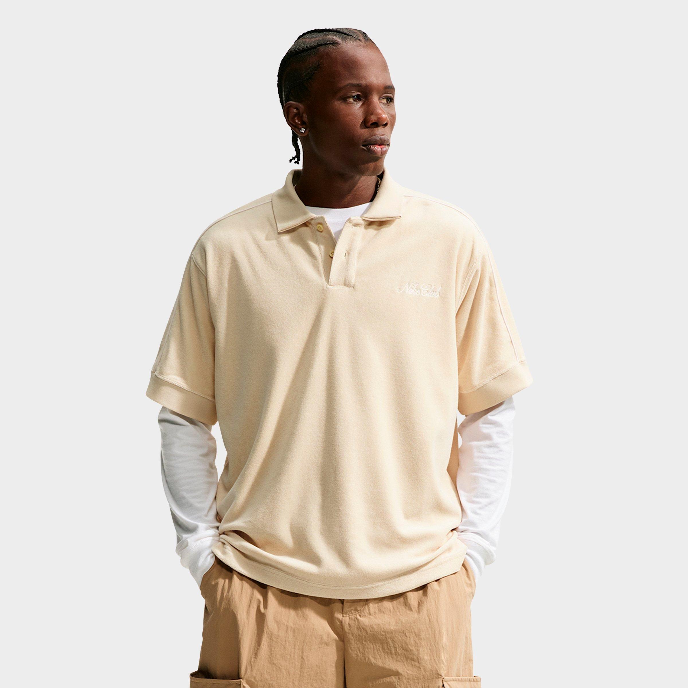 Nike Men's Sportswear Club French Terry Polo Shirt in Light Khaki/Phantom/Tough Red Size: XS