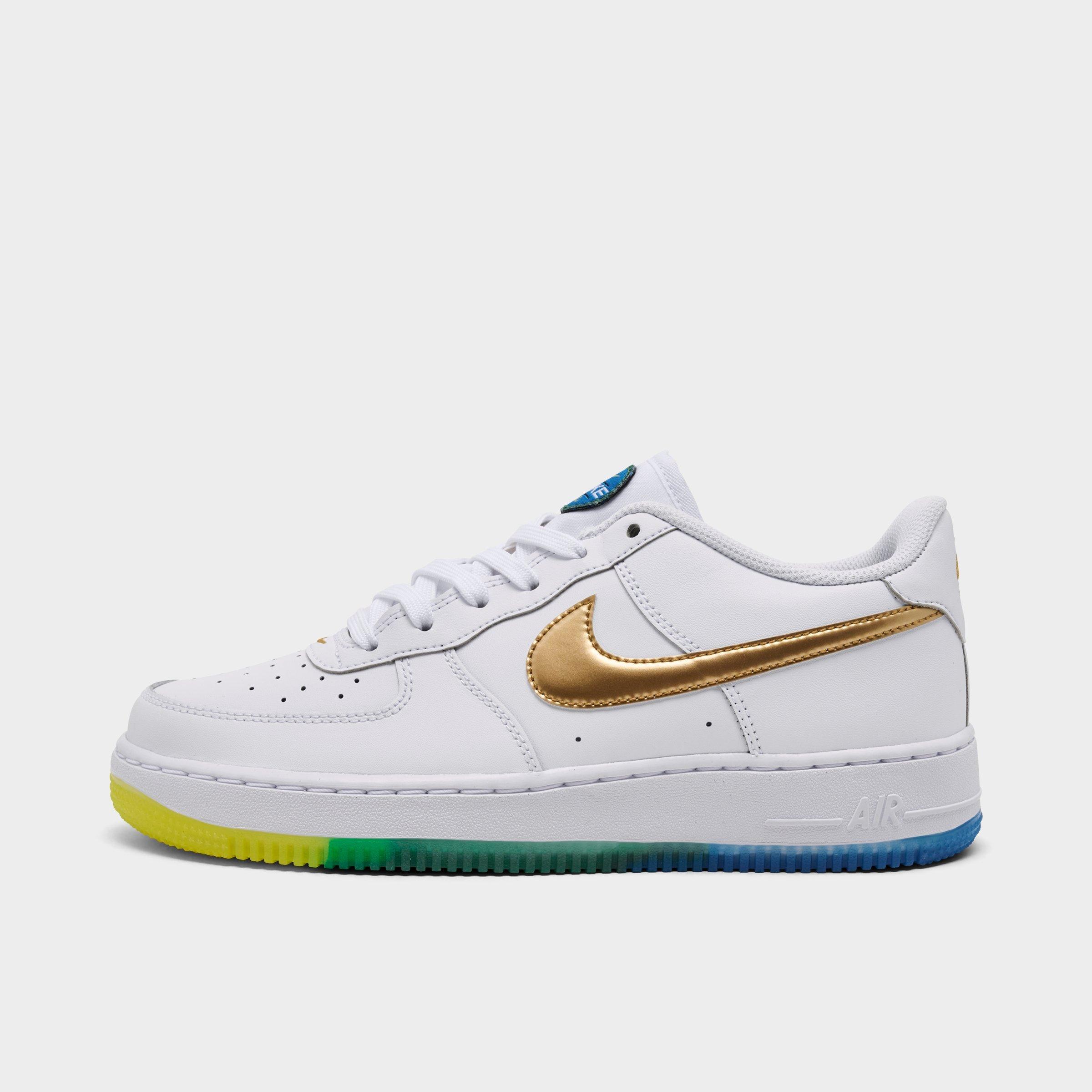 Nike Big Kids Air Force 1 Low Casual Shoes in White/Metallic Gold/Soar Size: 6.0