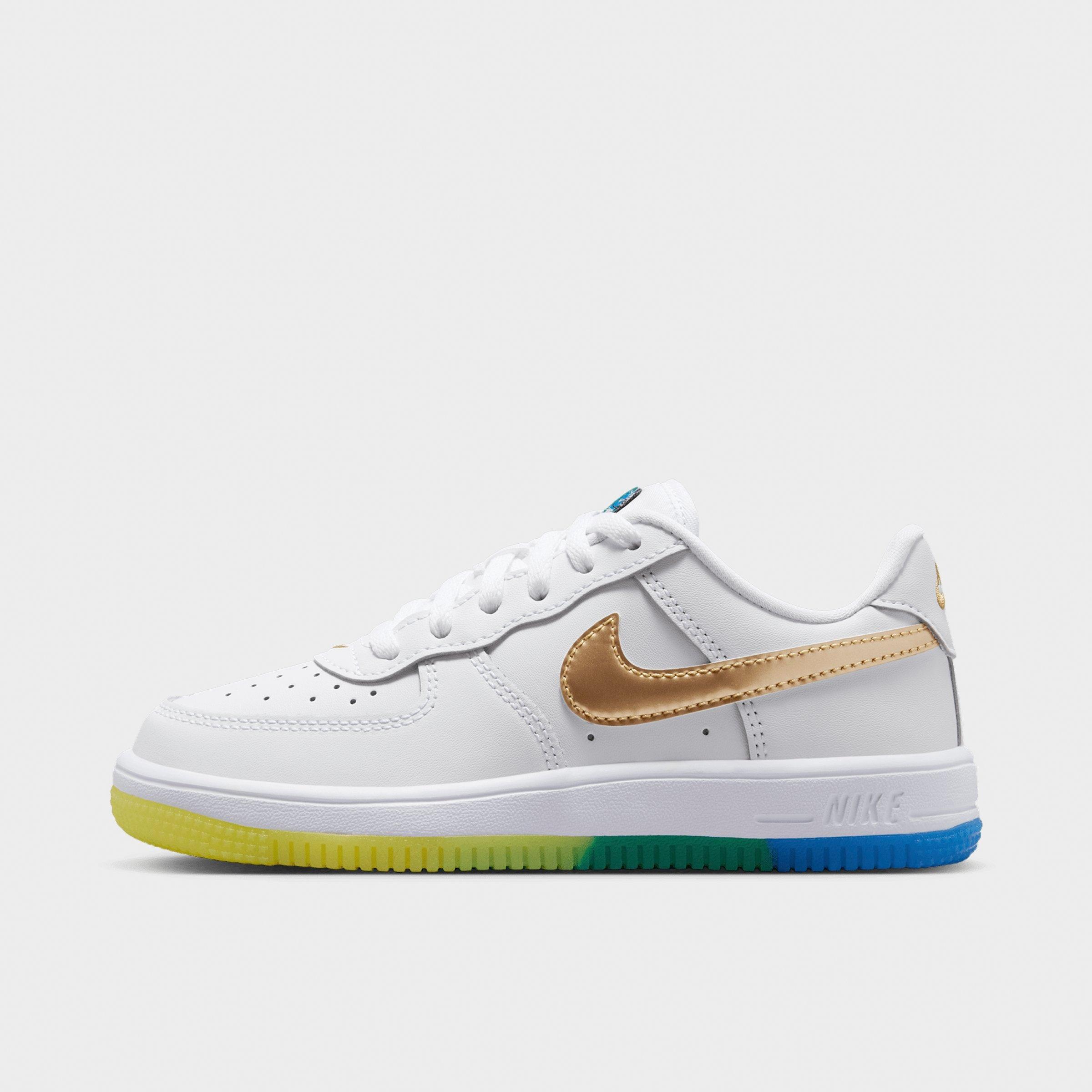 Nike Little Kids Force 1 Low Casual Shoes in White/Soar/Sonic Yellow Size: 1.5