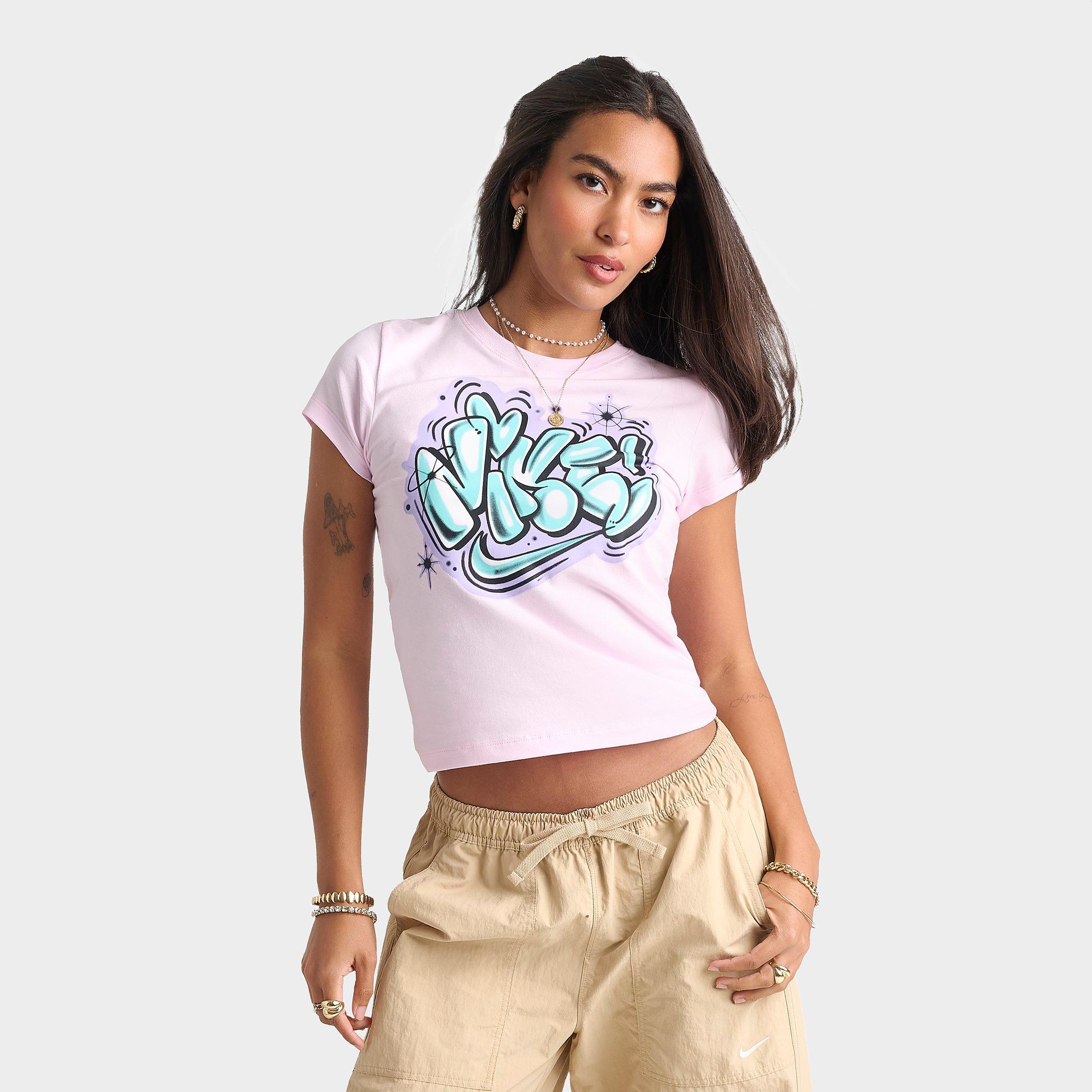 Nike Women's Sportswear Chill Knit Airbrushed Slim Cropped T-Shirt in Pink Foam Size: Medium