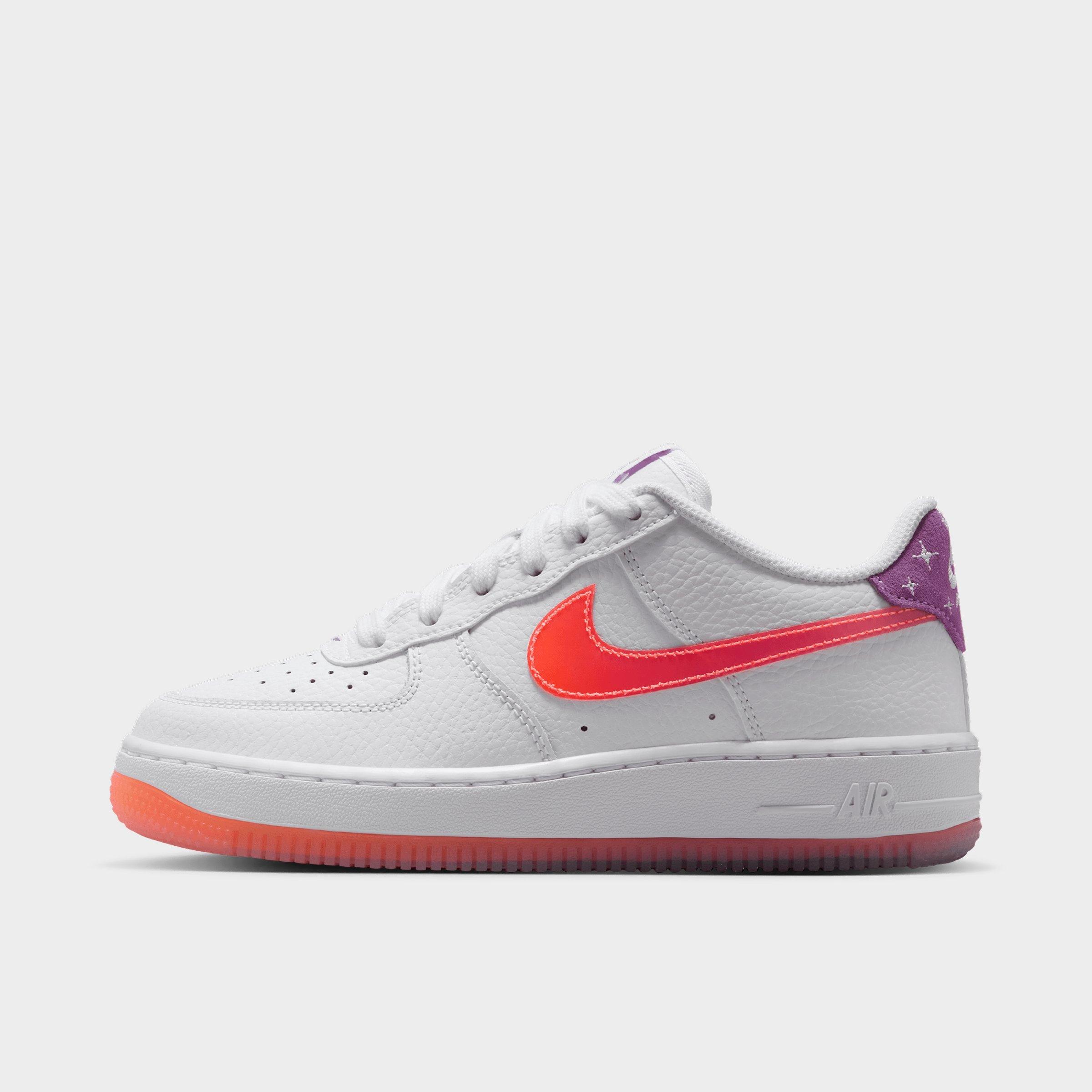 Nike Big Kids Air Force 1 Low Casual Shoes in White/Turf Orange/Bright Violet Size: 4.5