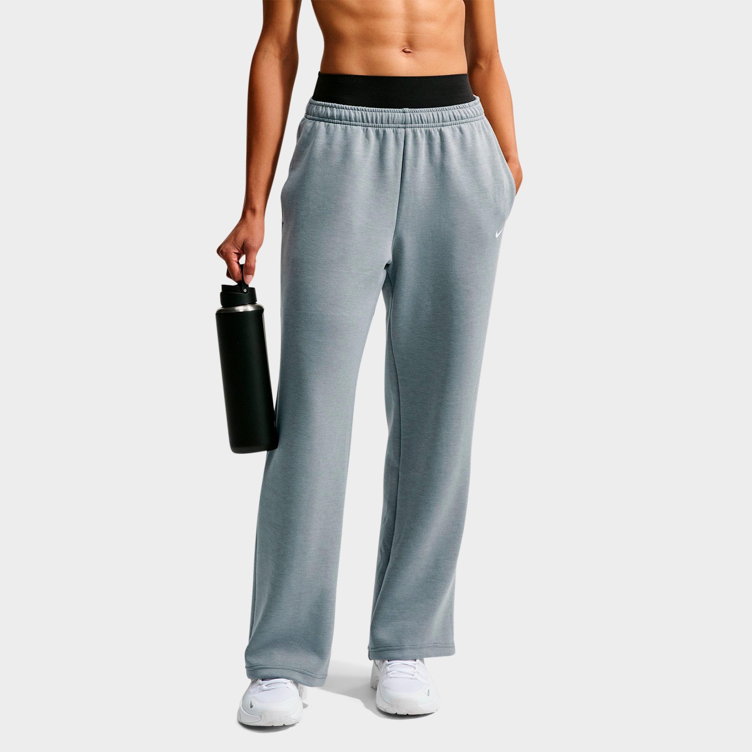 Nike Women's Studio Fleece Sport Dri-FIT Mid-Rise Open-Hem Pants in Smoke Grey/Heather/White Size: Large