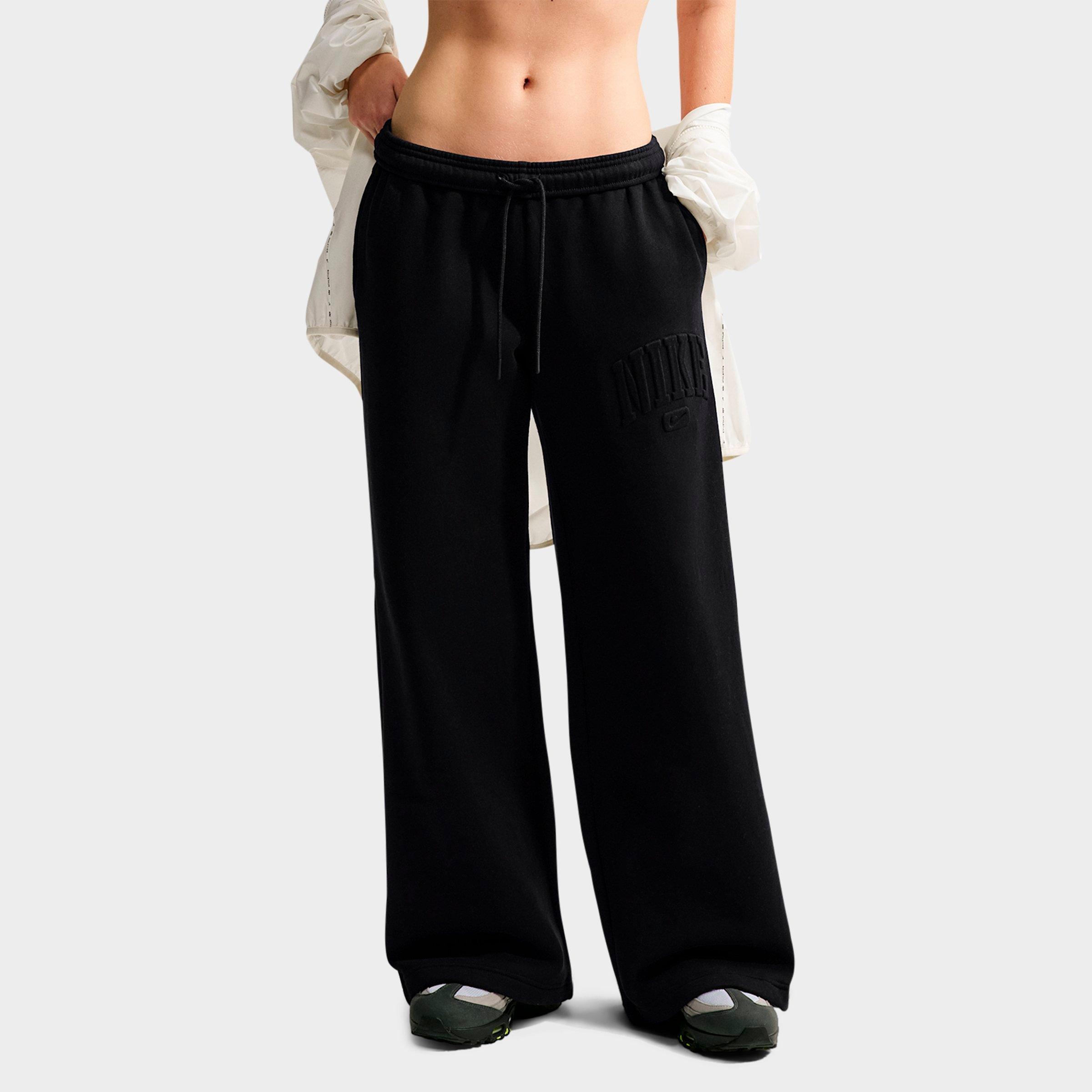 Nike Women's Studio Fleece Medium Weight "Graphic Pack" Embossed Mid-Rise Wide-Leg Pants in Total Black/Total Black Size: Large