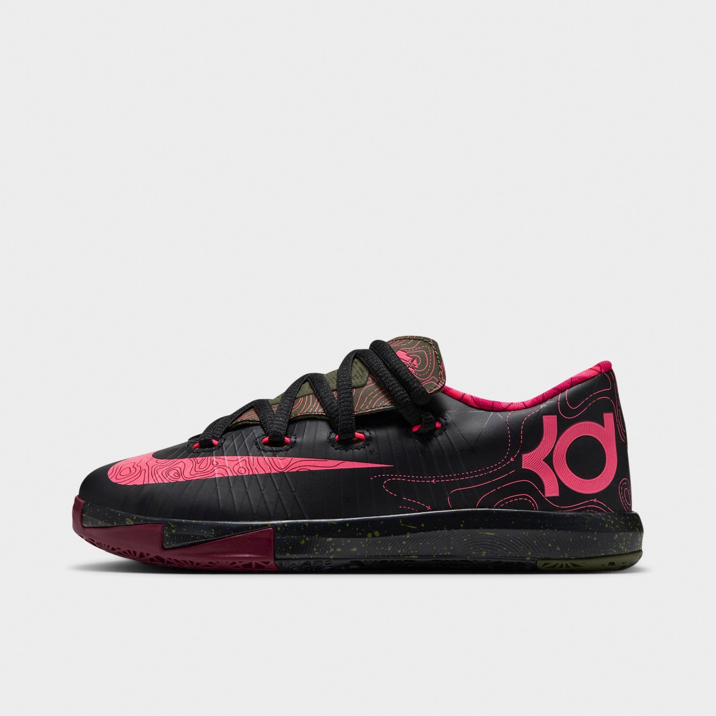 Nike Little Kids KD 6 Basketball Shoes in Black/Atomic Red/Medium Olive Size: 2.5
