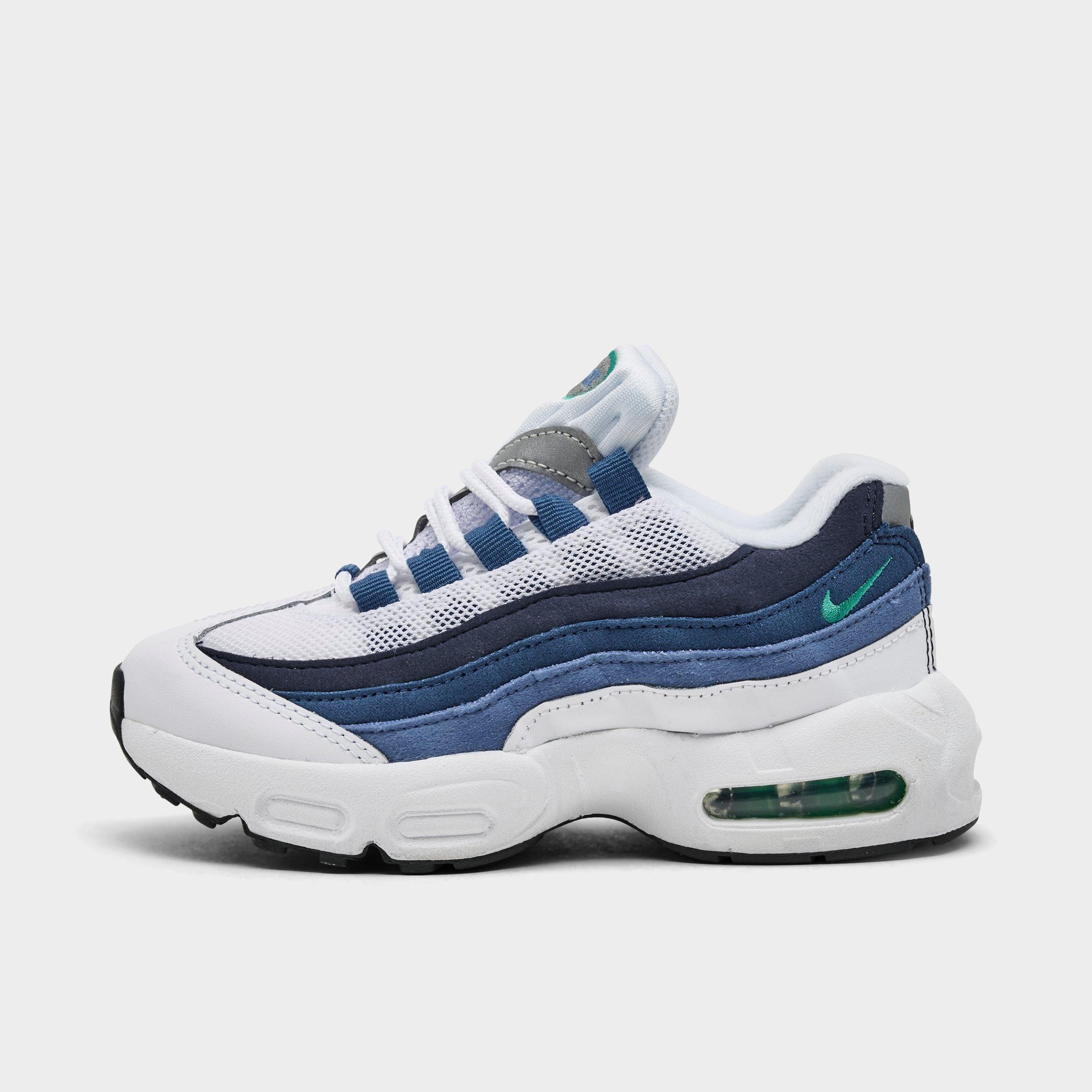 Nike Little Kids Air Max 95 Premium Casual Shoes in White/Emerald Green/Lake Blue Size: 13.0