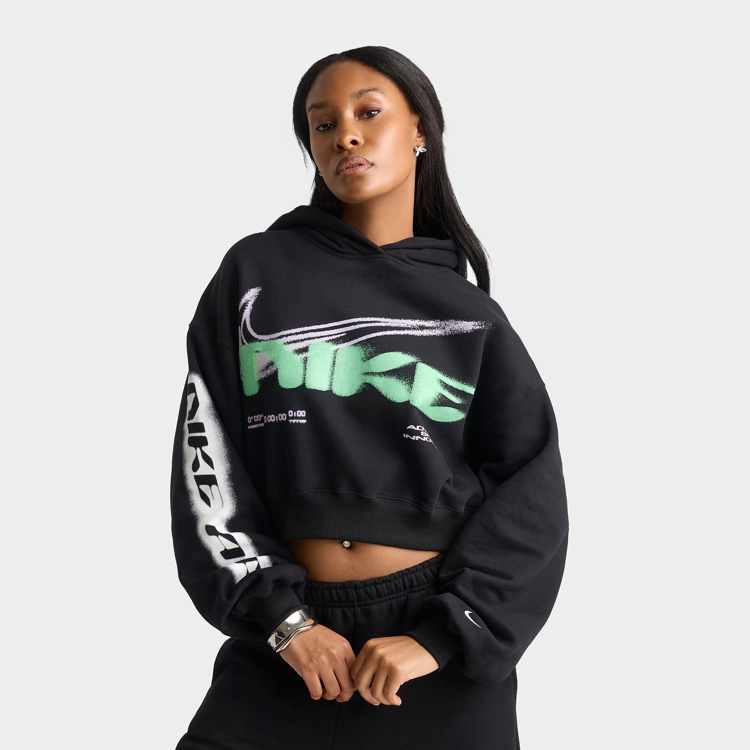 Nike Women's Studio Fleece Medium-Weight Oversized Cropped Pullover Hoodie in Black/Sail Size: Large
