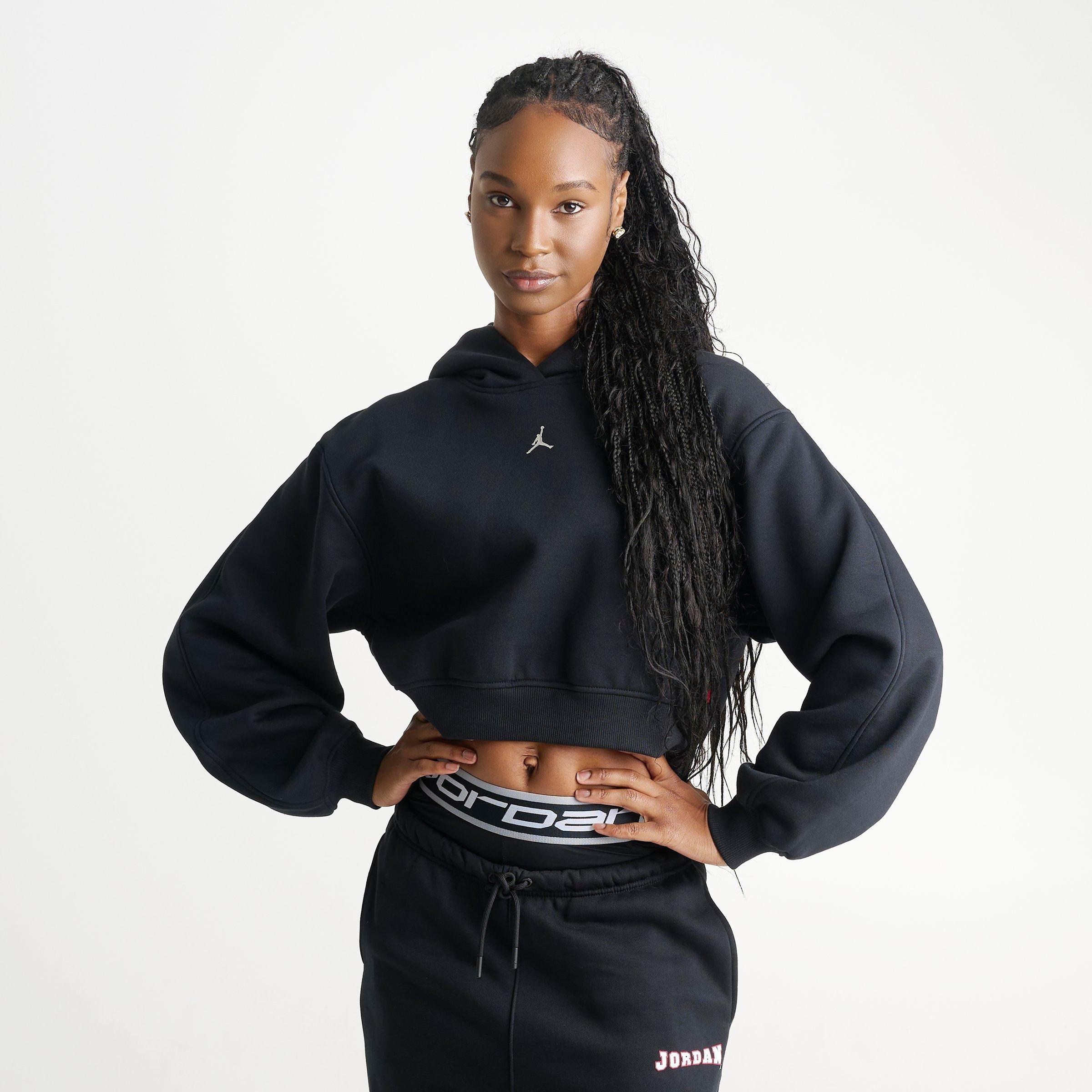 Jordan Women's Brooklyn Fleece Gel Logo Cropped Pullover Hoodie in Black Size: Medium