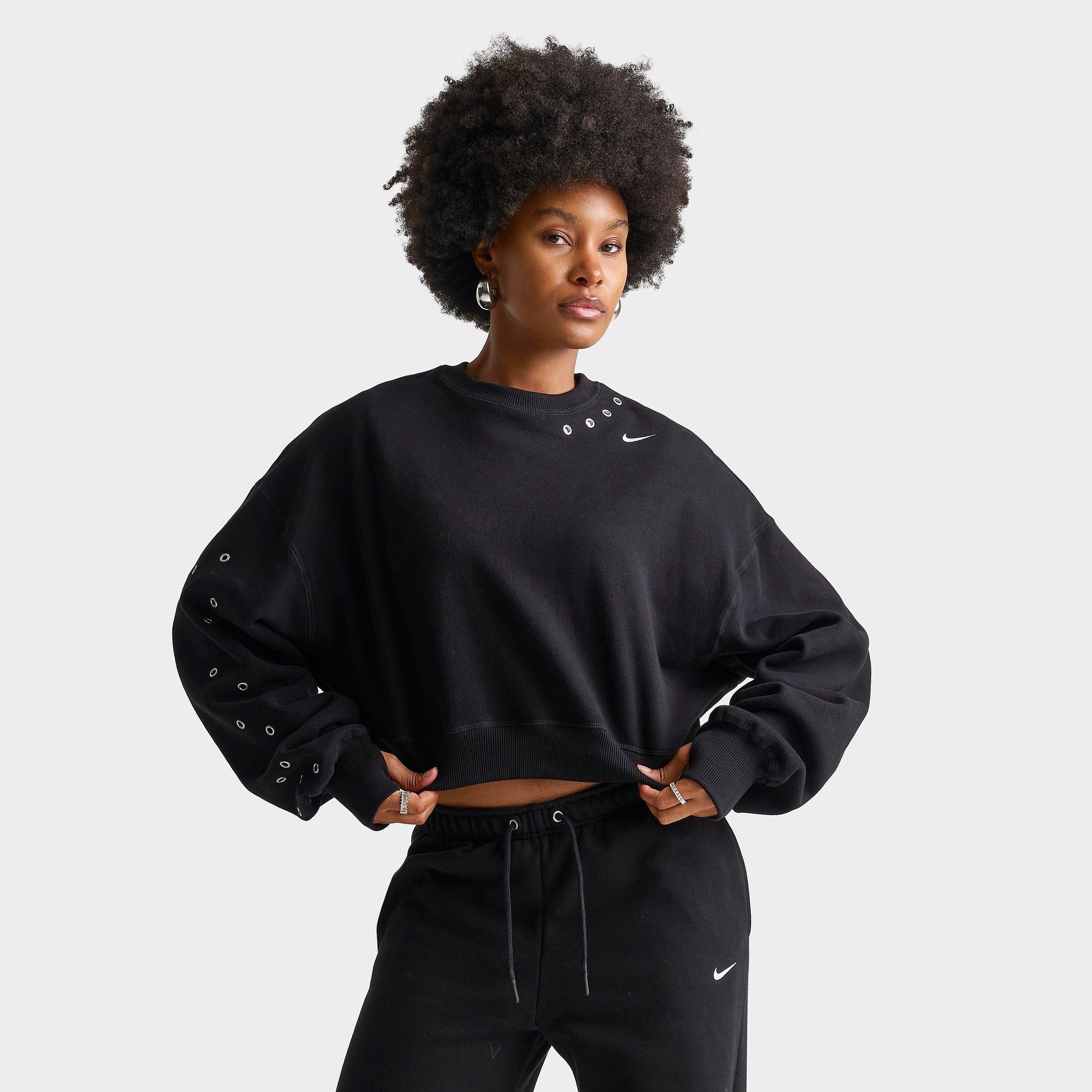 Nike Women's Studio Fleece Medium Weight Grommet Oversized Cropped Crewneck Sweatshirt in Total Black/Sail