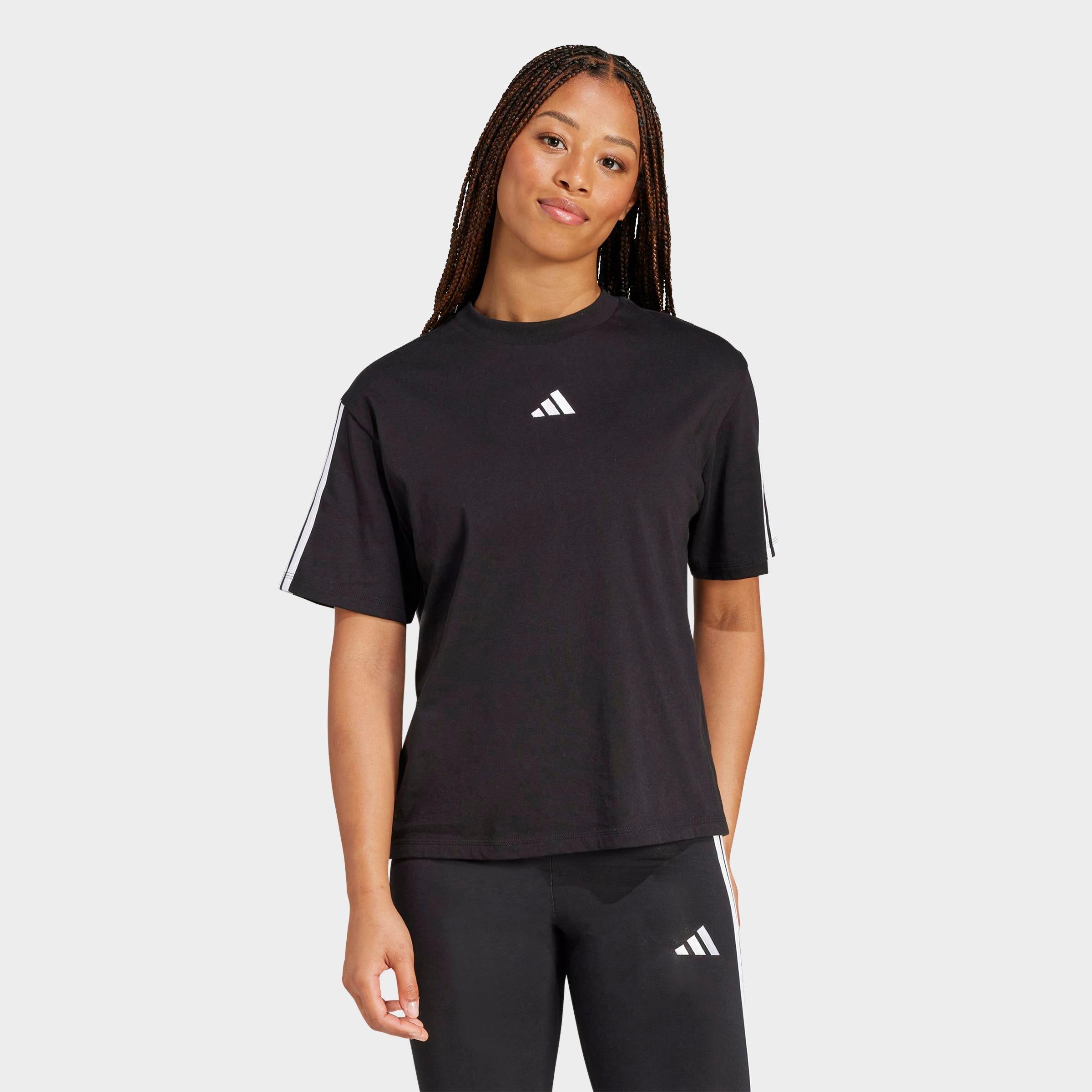 adidas Women's Essential 3-Stripes Boyfriend T-Shirt in Black/White Size: Large