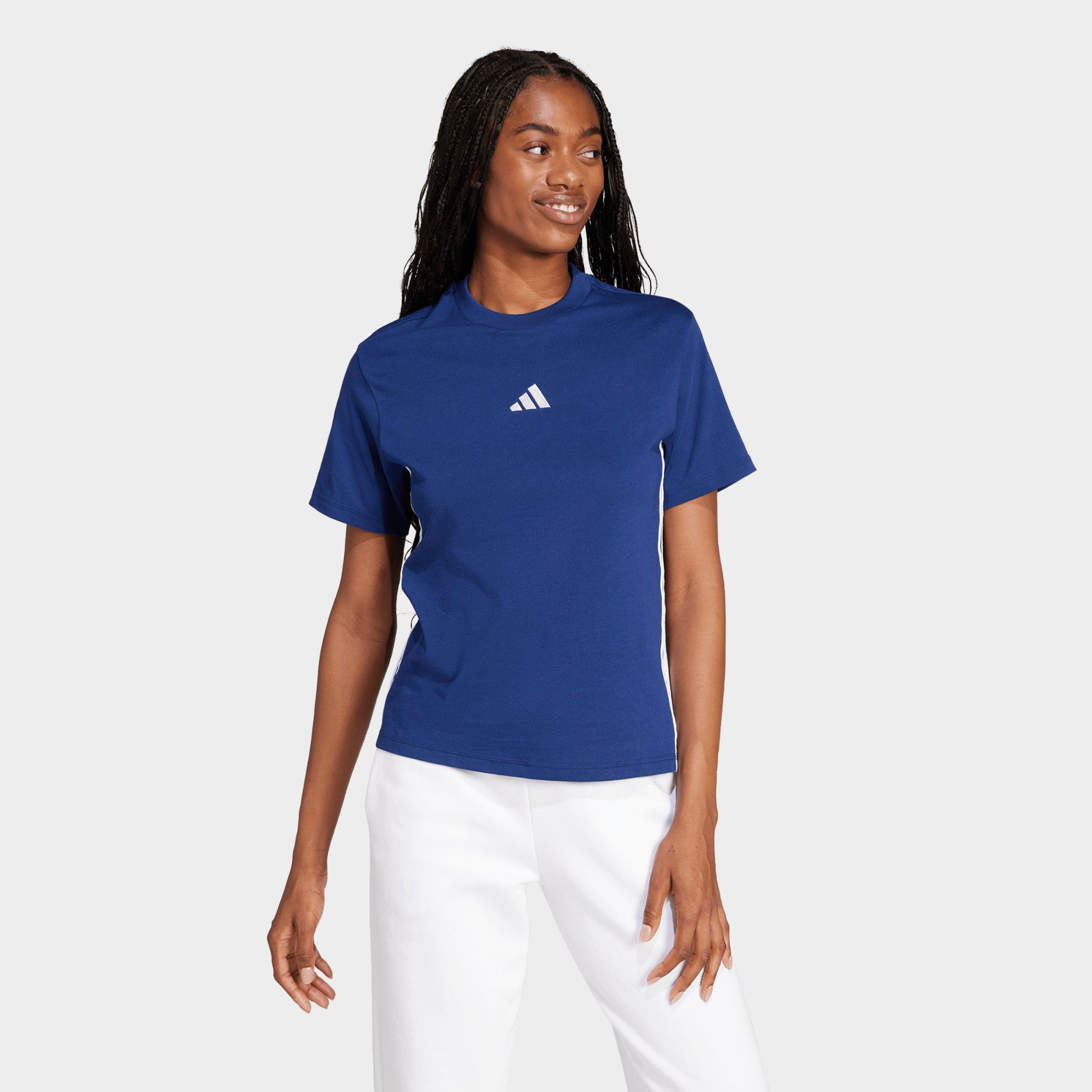adidas Women's Essentials 3-Stripes Cotton T-Shirt in Dark Blue/White Size: Medium