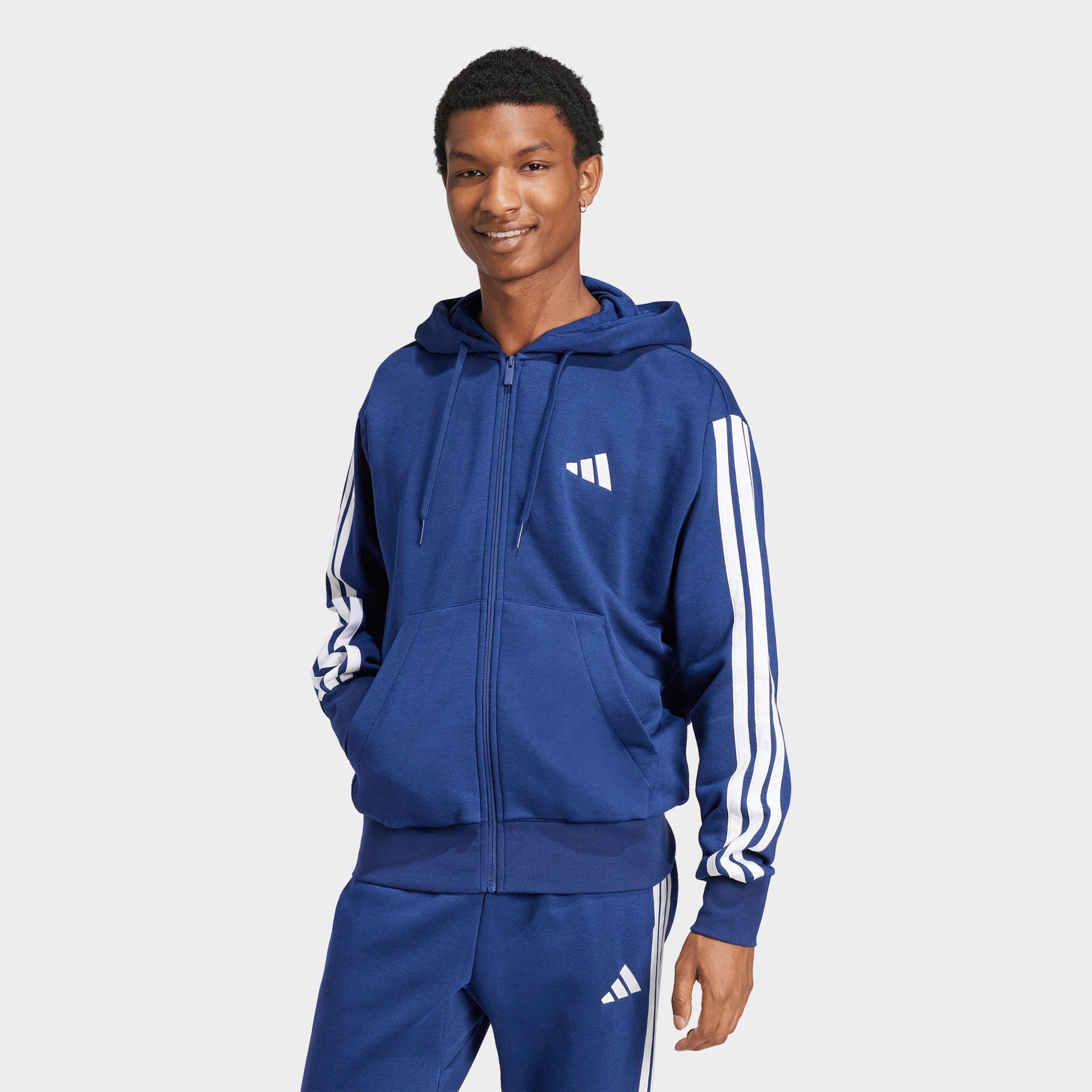 adidas Men's Essentials 3-Stripes Fleece Full-Zip Hoodie in Dark Blue/White Size: Medium