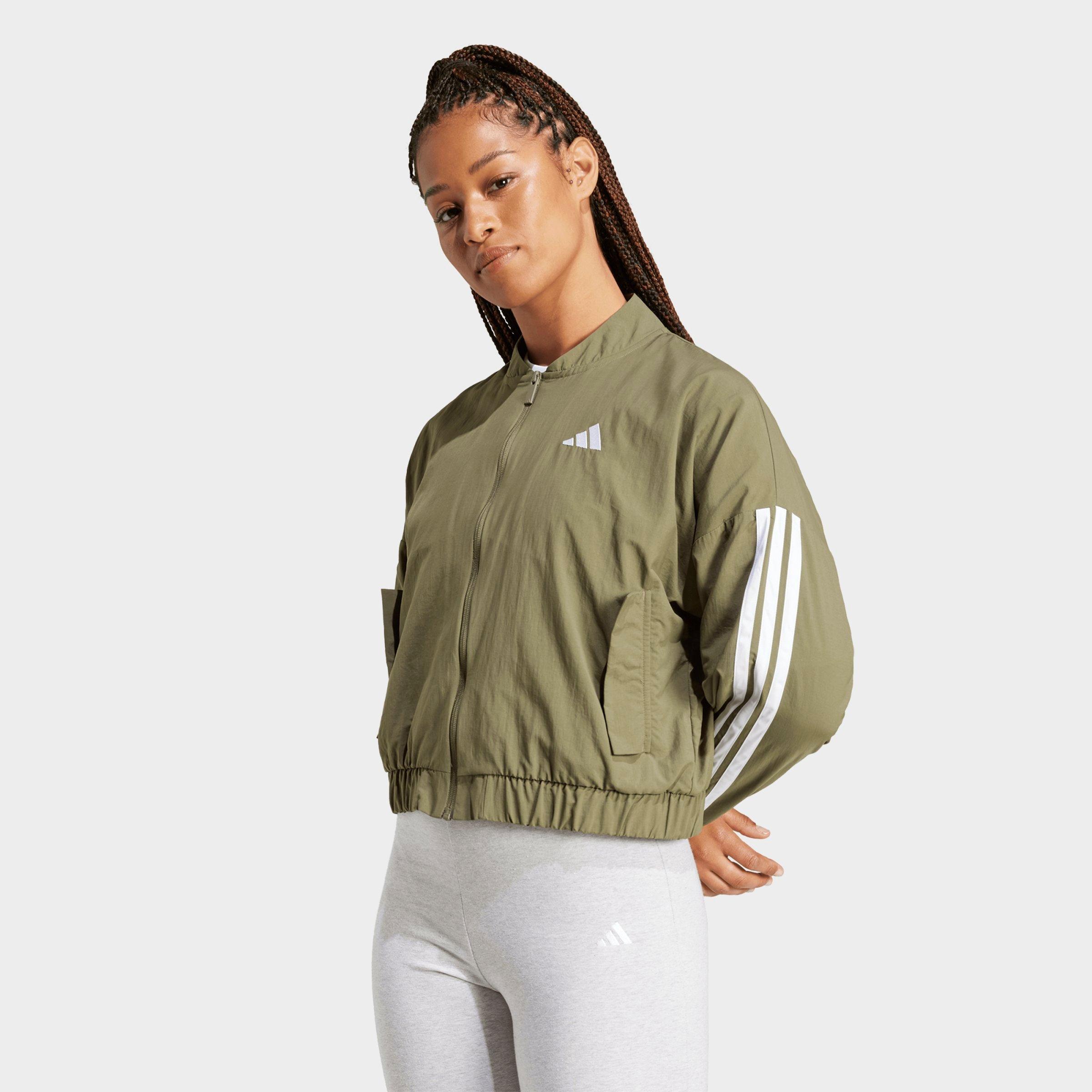 adidas Women's Sportswear Essentials 3-Stripes Lifestyle Woven Bomber Jacket in Olive Strata/White Size: XL