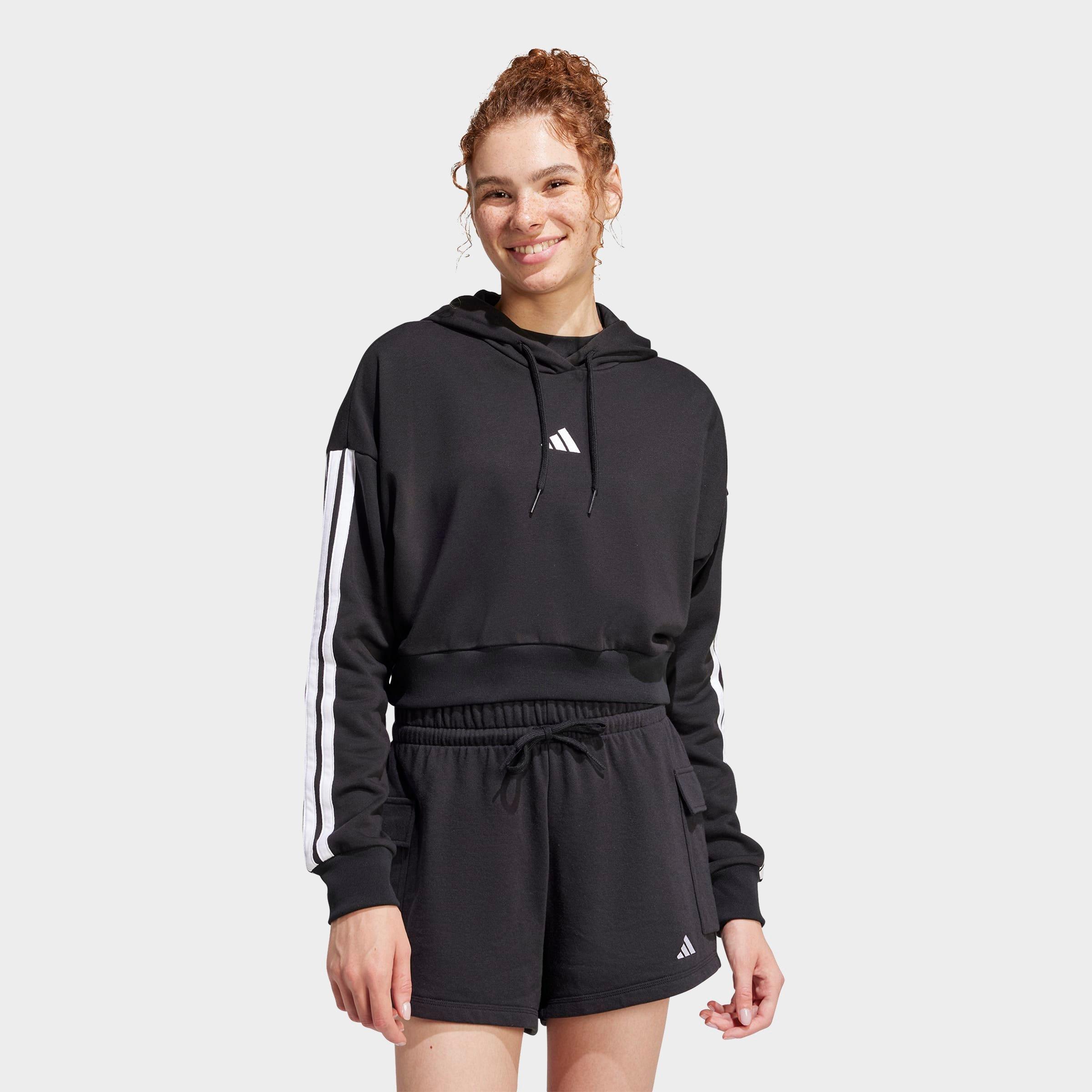 adidas Women's Essentials 3-Stripes French Terry Cropped Hoodie in Black/White Size: Medium