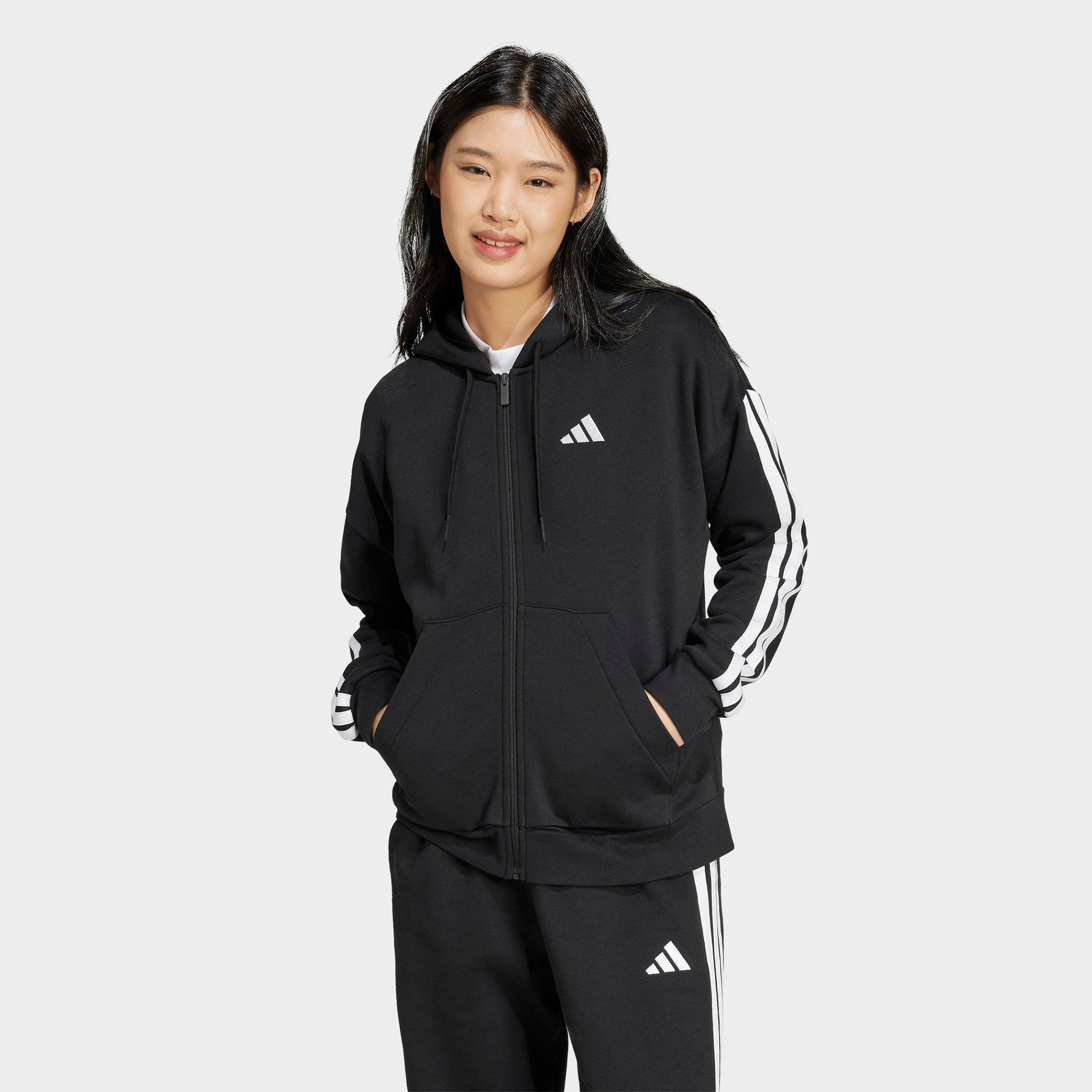 adidas Women's Essentials 3-Stripes Fleece Full-Zip Hoodie in Black/White Size: Large