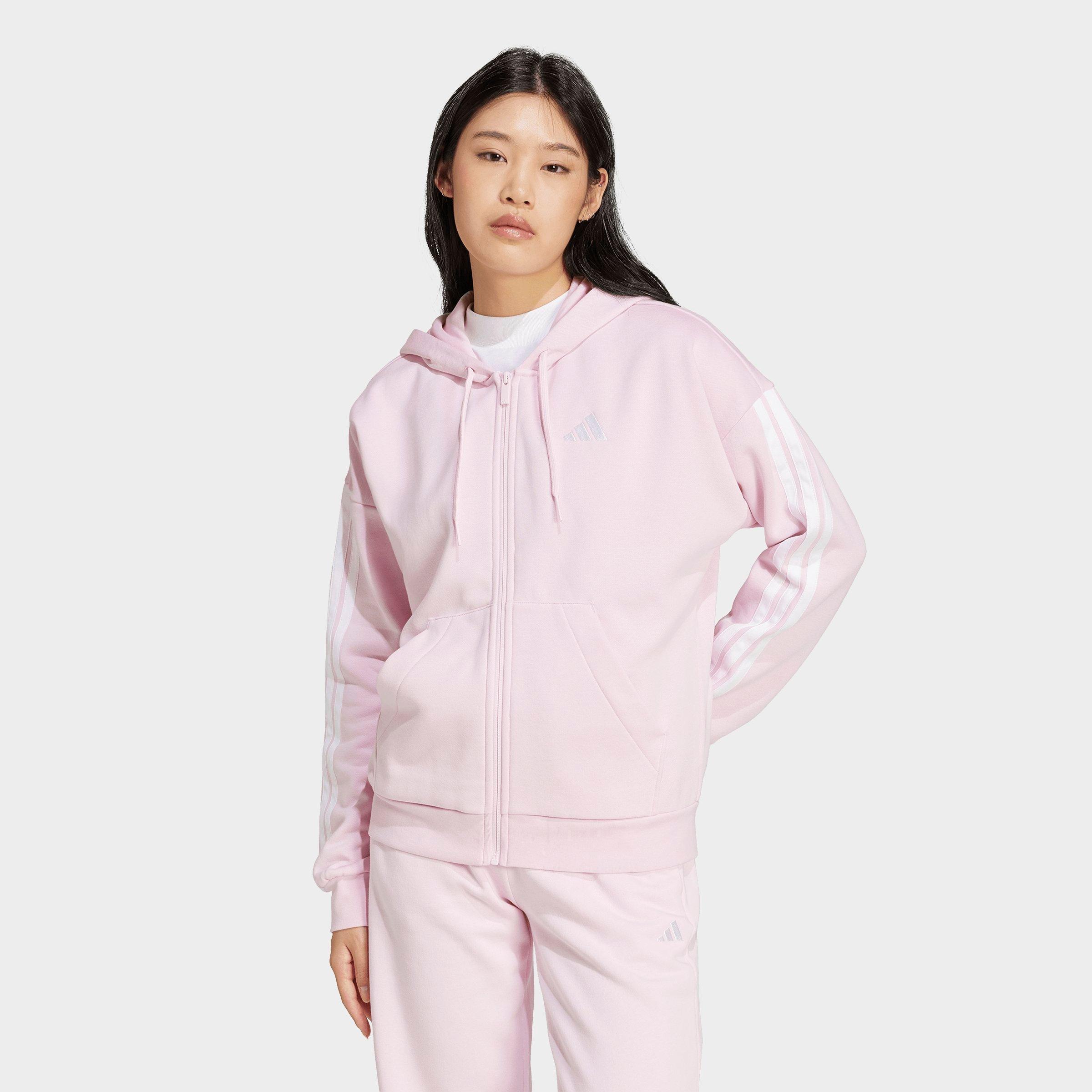adidas Women's Essentials 3-Stripes Fleece Full-Zip Hoodie in Clear Pink/White Size: Small