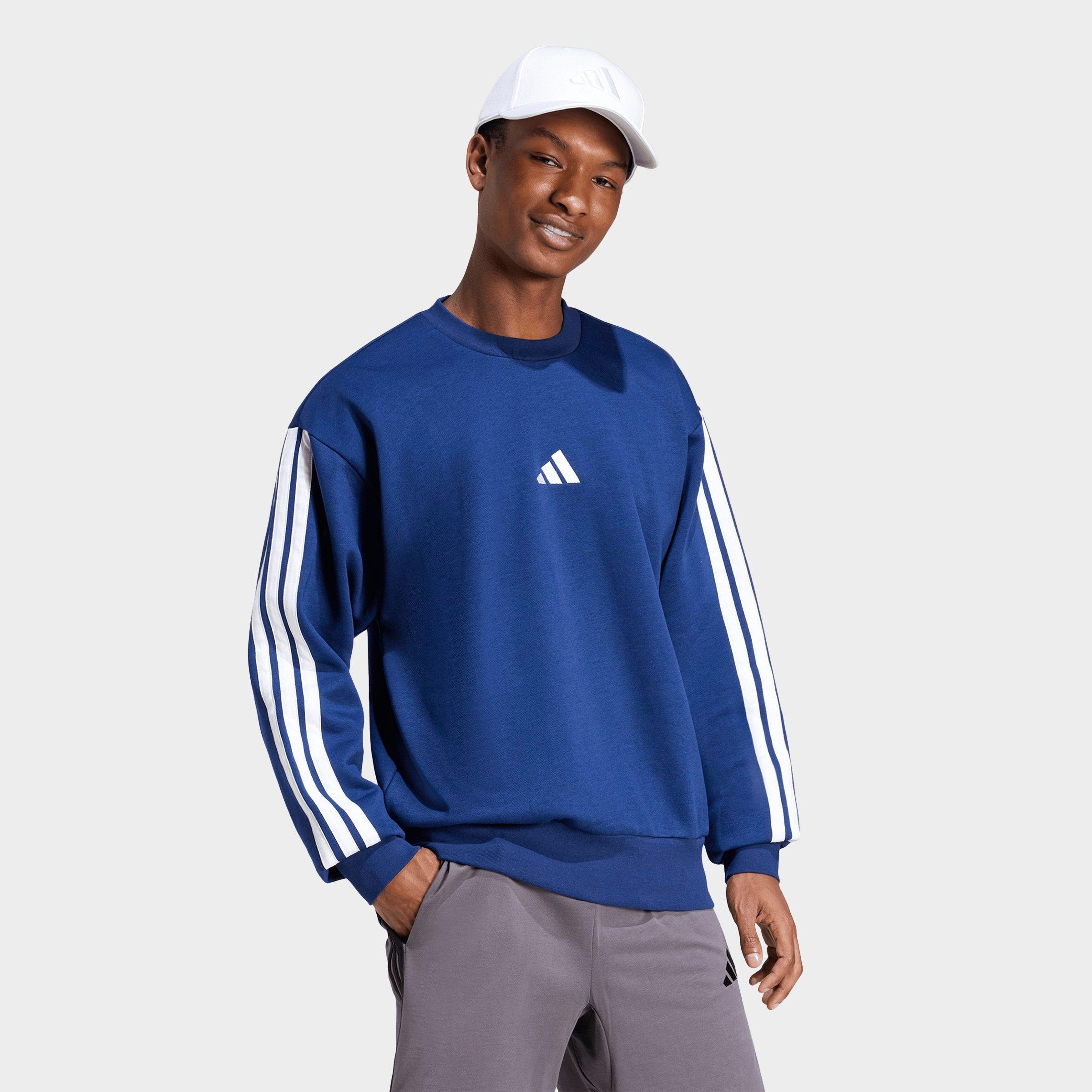 adidas Men's Essentials 3-Stripes Fleece Crewneck Sweatshirt in Dark Blue/White Size: Medium