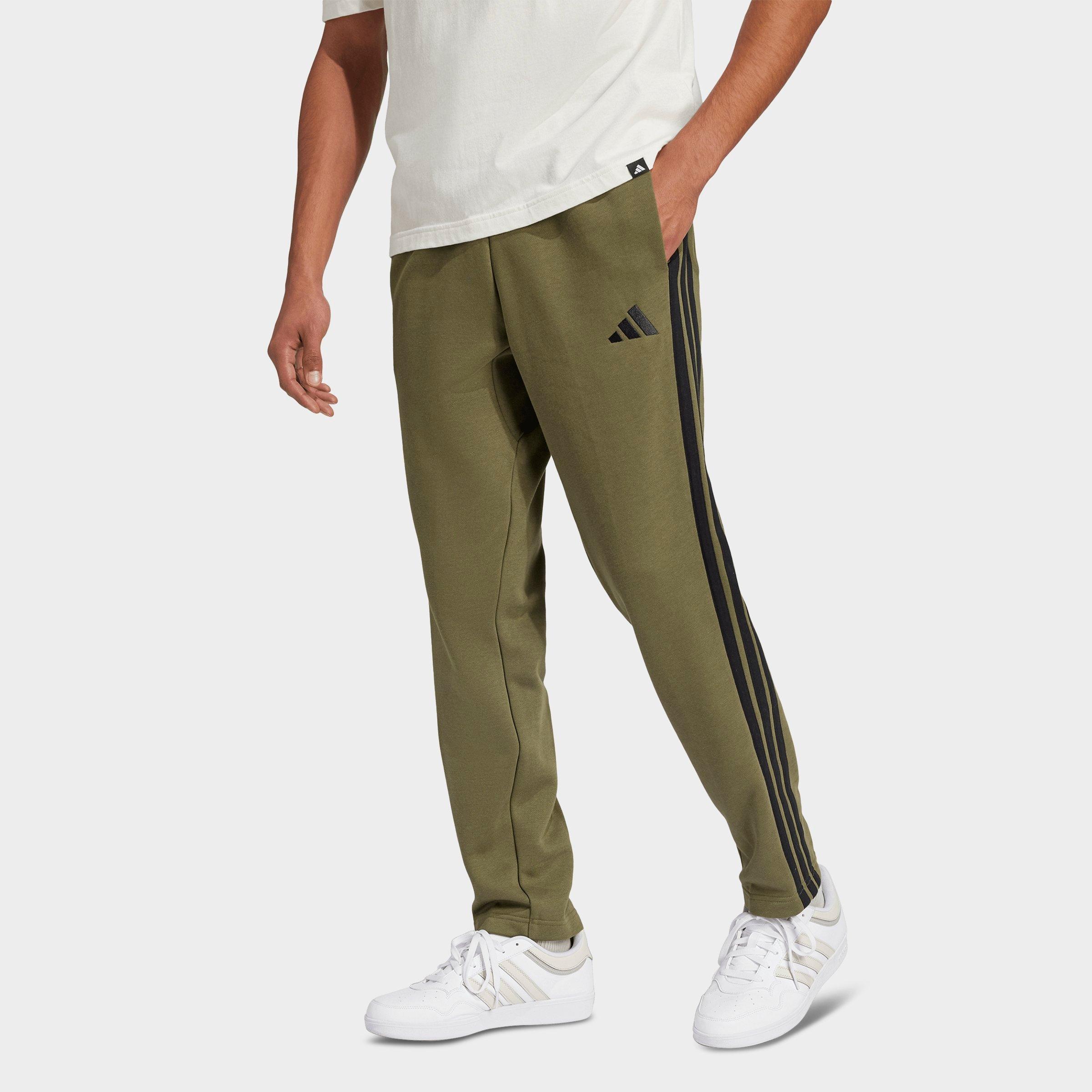 adidas Men's Essentials 3-Stripes Open Hem Fleece Pants in Olive Strata/Black Size: XS