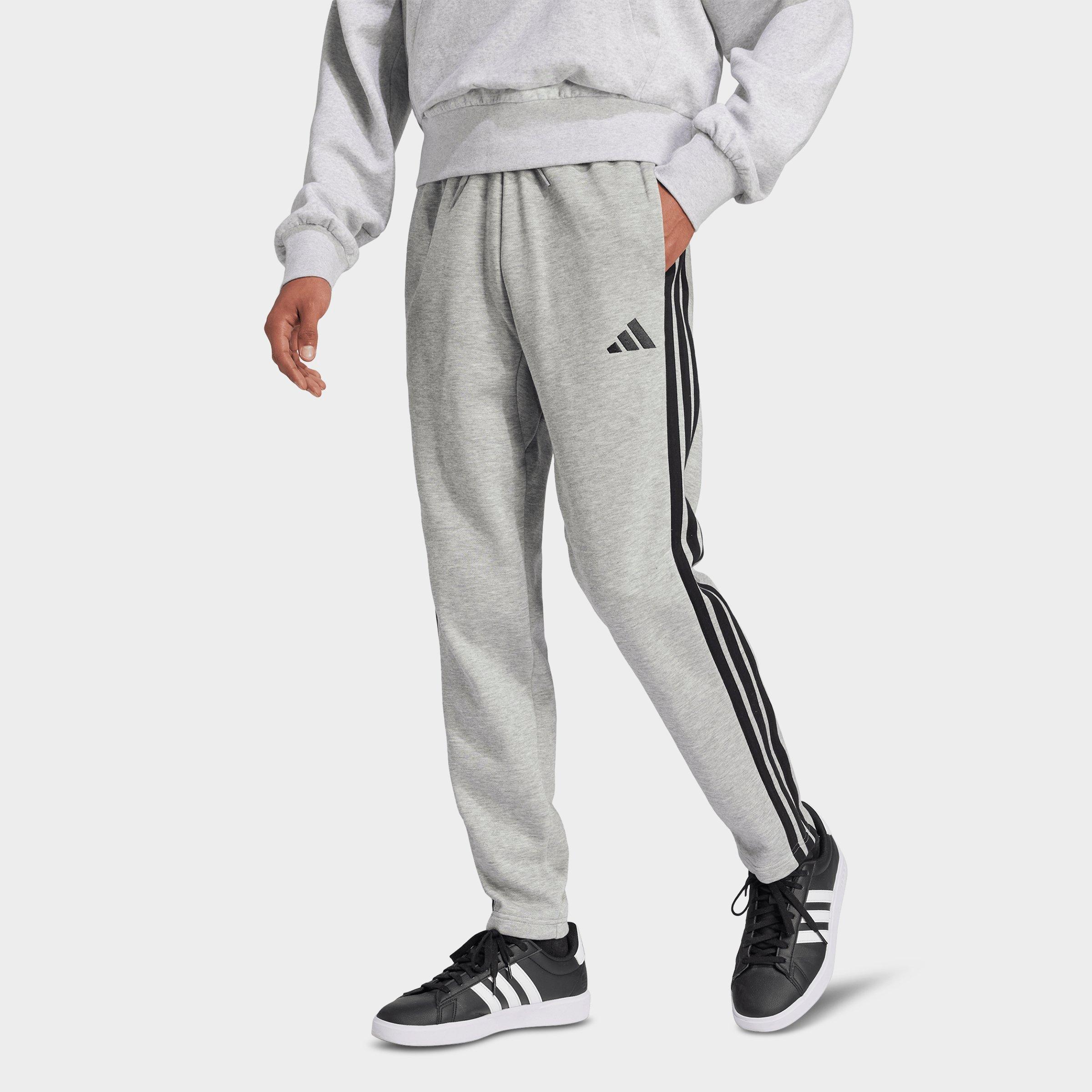 adidas Men's Essentials 3-Stripes Open Hem Fleece Pants in Medium Grey Heather/Black Size: Small