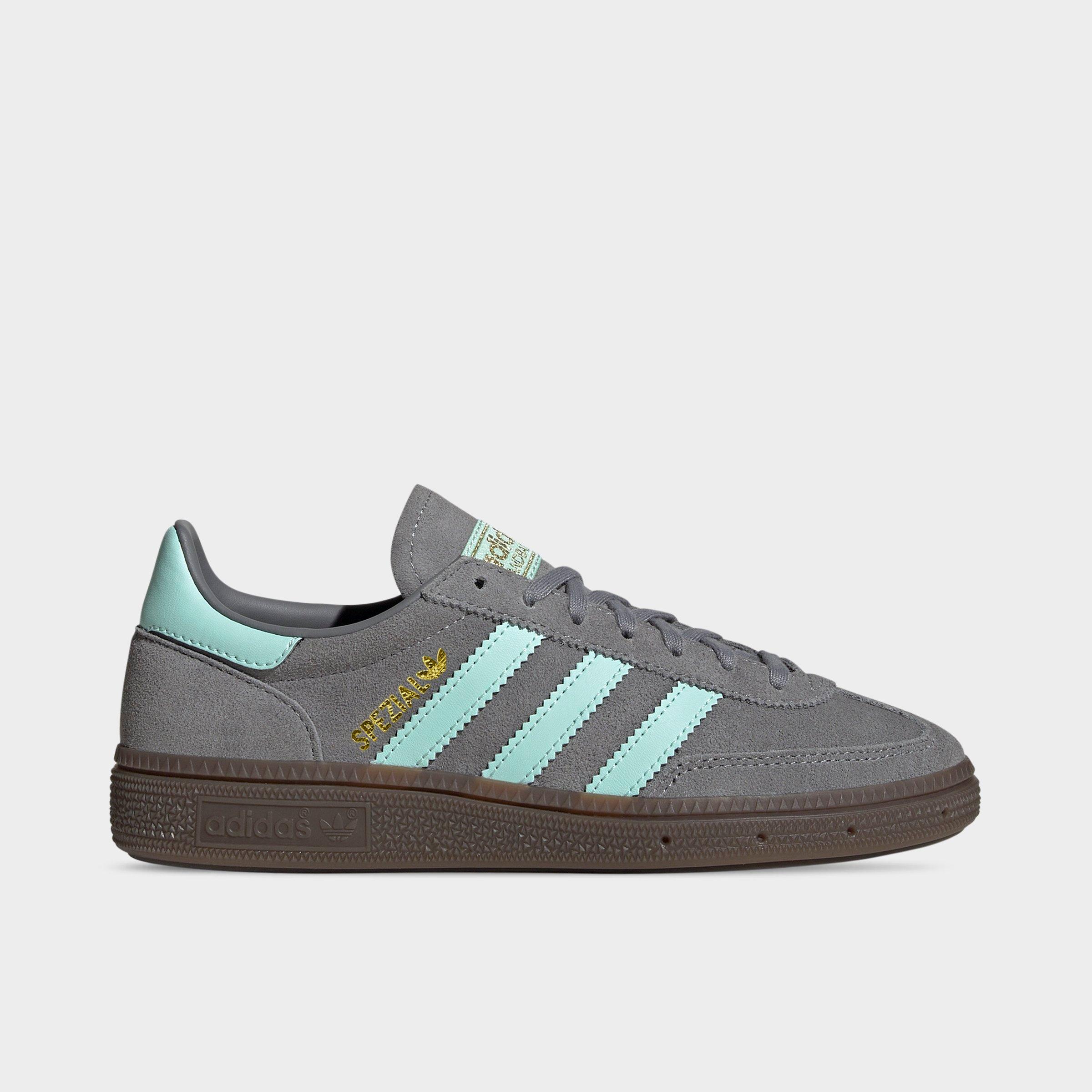adidas Big Kids Originals Handball Spezial Casual Shoes in Grey/Clear Mint/Gum Size: 5.5