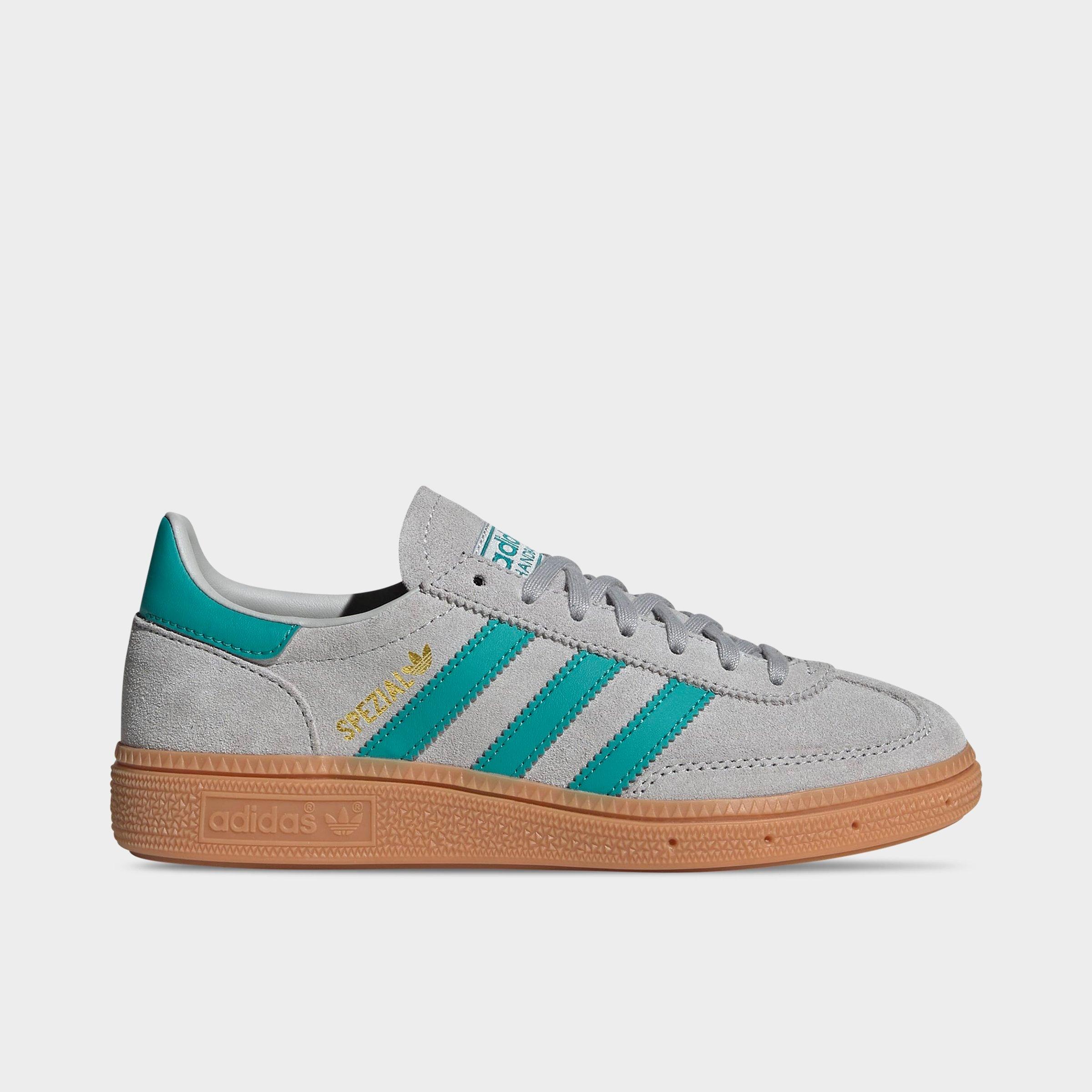 adidas Big Kids Originals Handball Spezial Casual Shoes in Grey/Pure Teal/Gum Size: 3.5