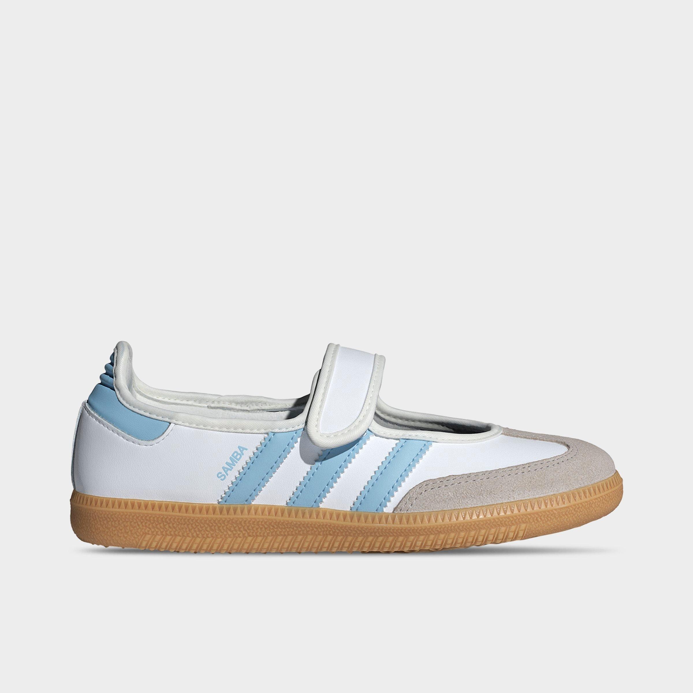 adidas Girls Big Kids Originals Samba Jane Casual Shoes in Cloud White/Clear Sky/Gum Size: 4.5