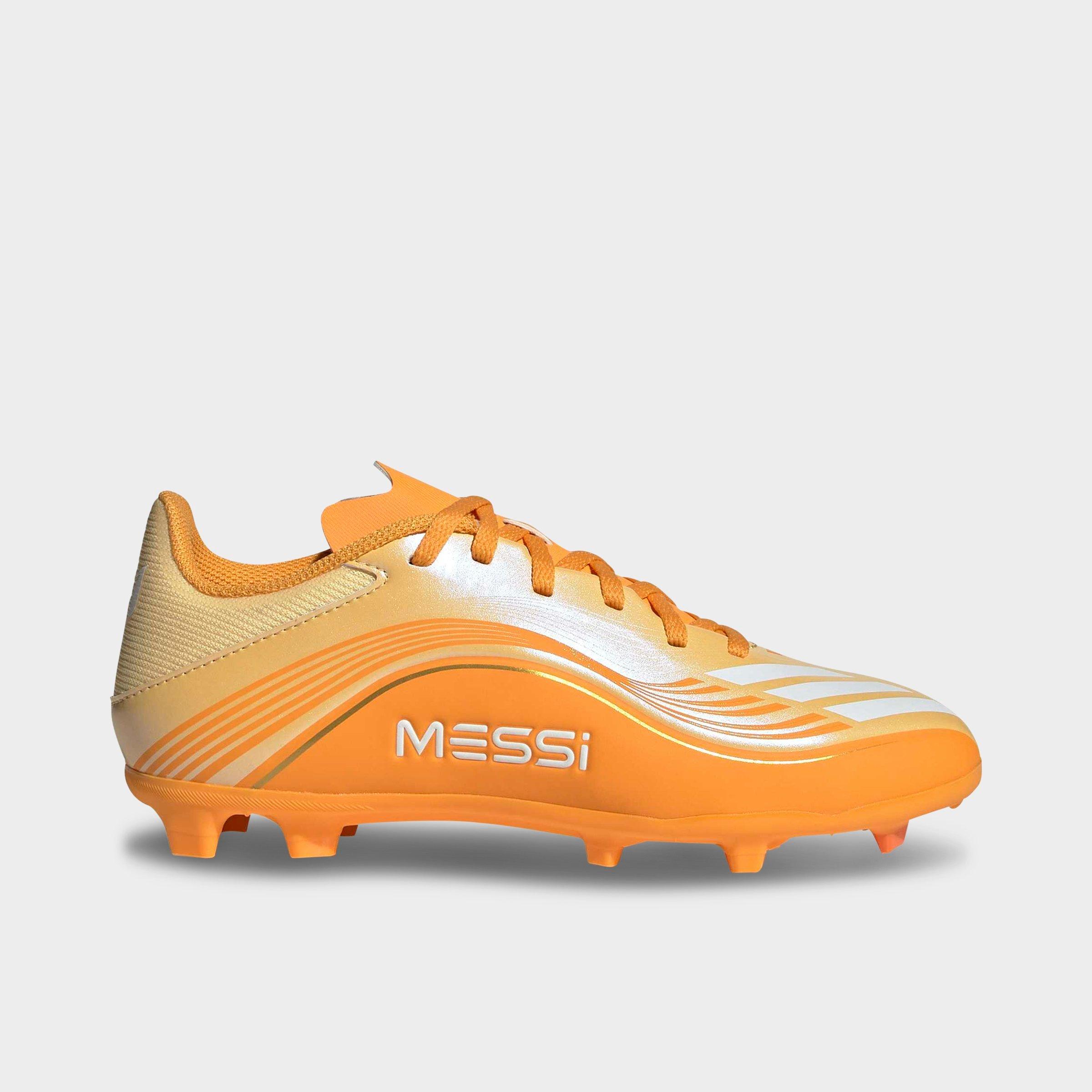 adidas Little Kids and Big Kids F50 Messi League Firm Ground and Multi Ground Soccer Cleats in Ice Tangerine/Gold Metallic/Pure Tangerine Size: 1.0