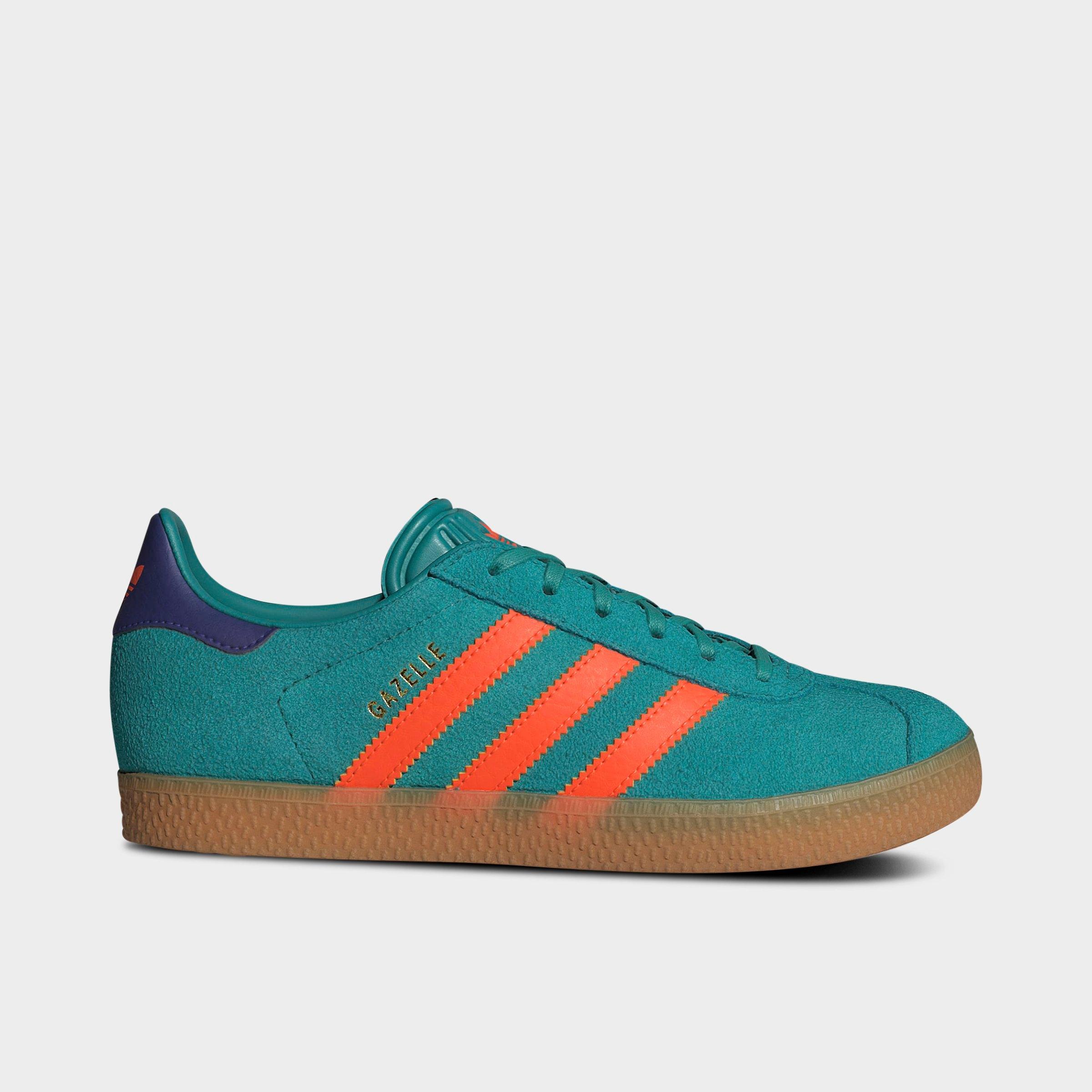 adidas Big Kids Originals Gazelle Casual Shoes in Pure Teal/Impact Orange/Collegiate Purple Size: 3.5