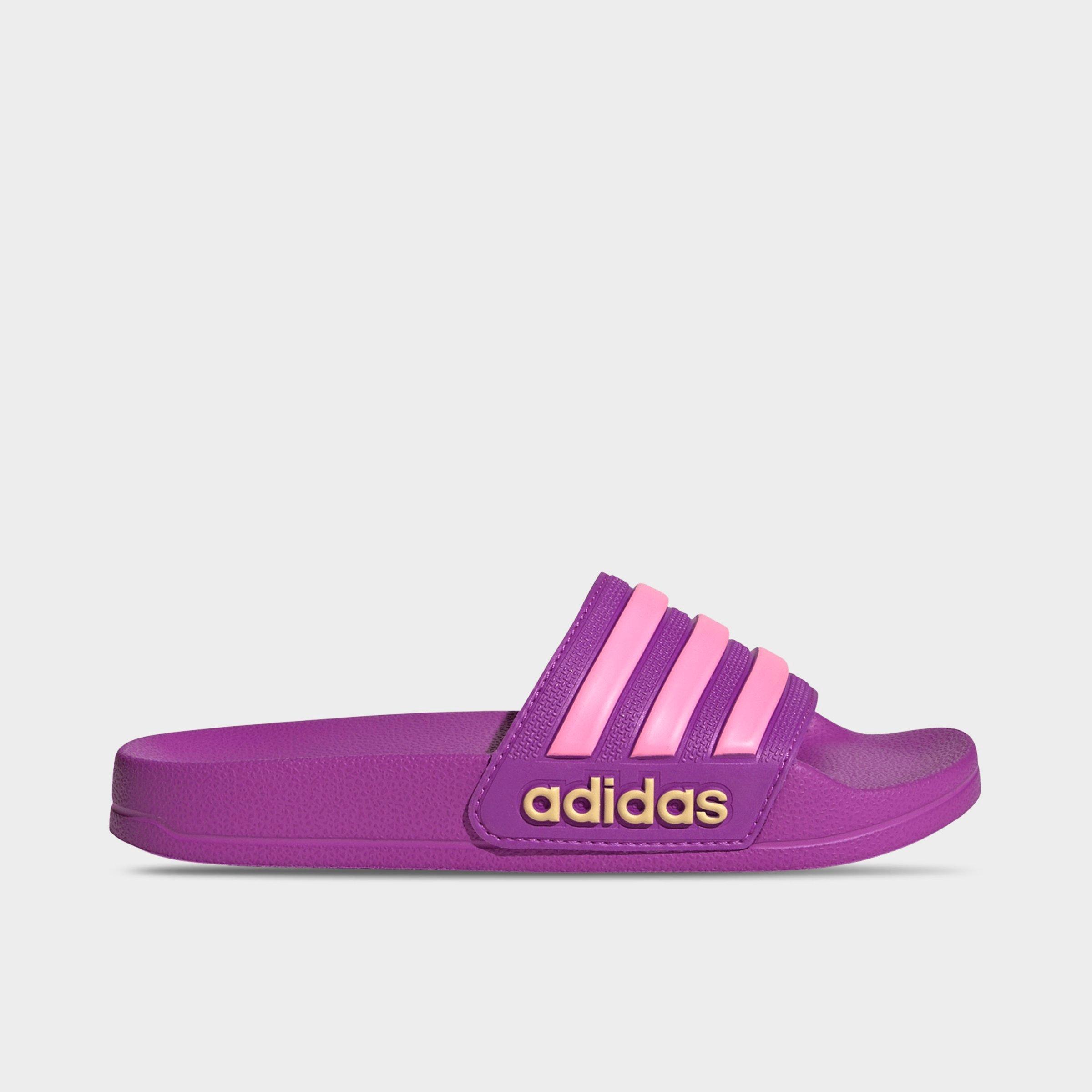 adidas Little Kids and Big Kids adilette Shower Slide Sandals in Purple Burst/Bliss Pink/Semi Ice Tangerine Size: 5.0