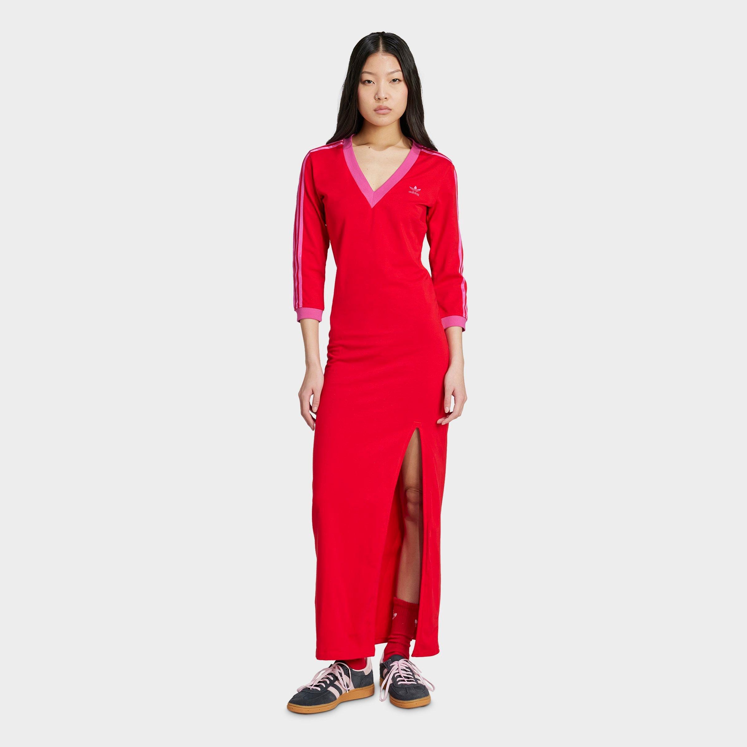 adidas Women's Originals adicolor Classics 3-Stripes V-Neck Maxi Dress in Better Scarlet/Semi Lucid Fuchsia Size: Small
