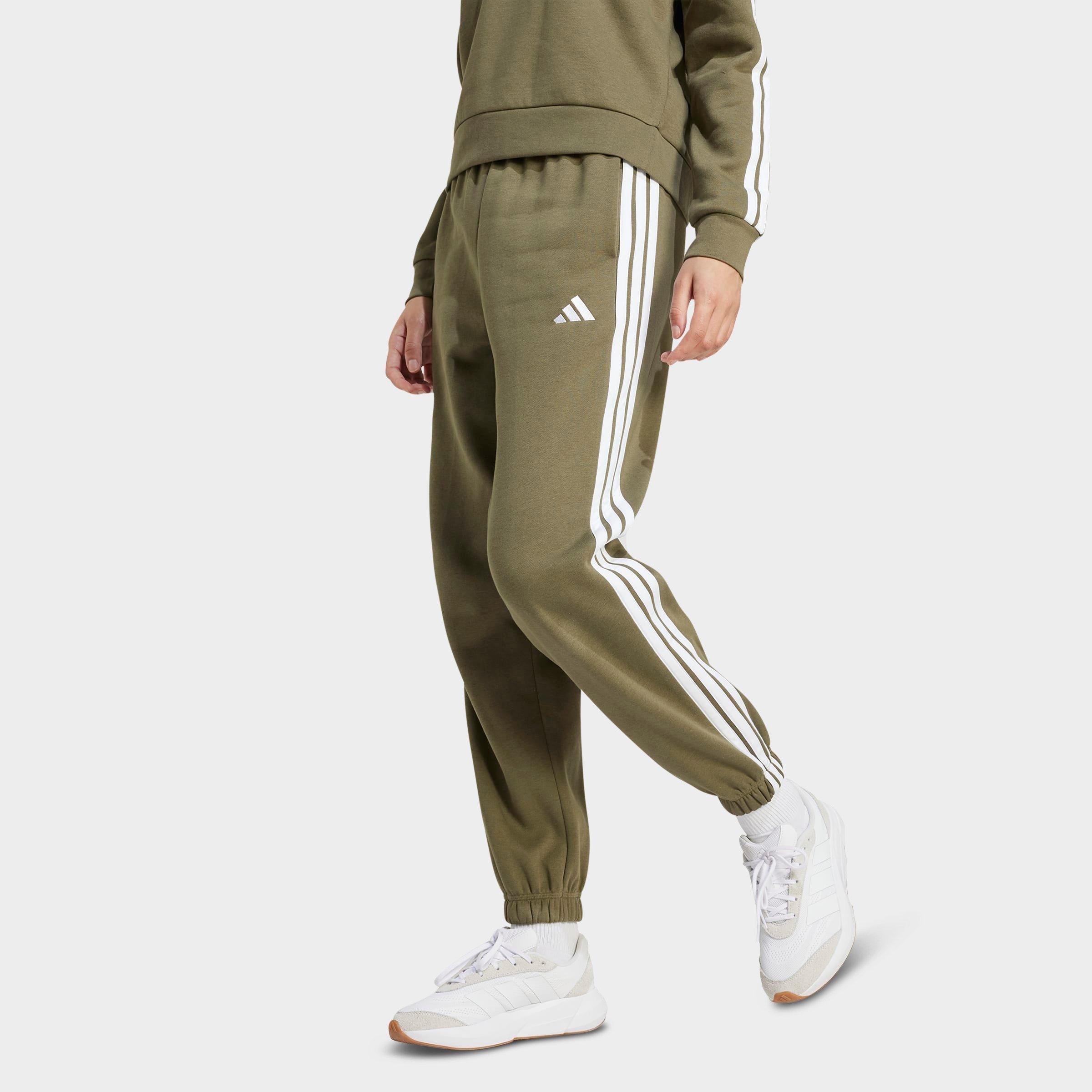 adidas Women's Essentials 3-Stripes Fleece Loose Pants in Olive Strata/White Size: Medium