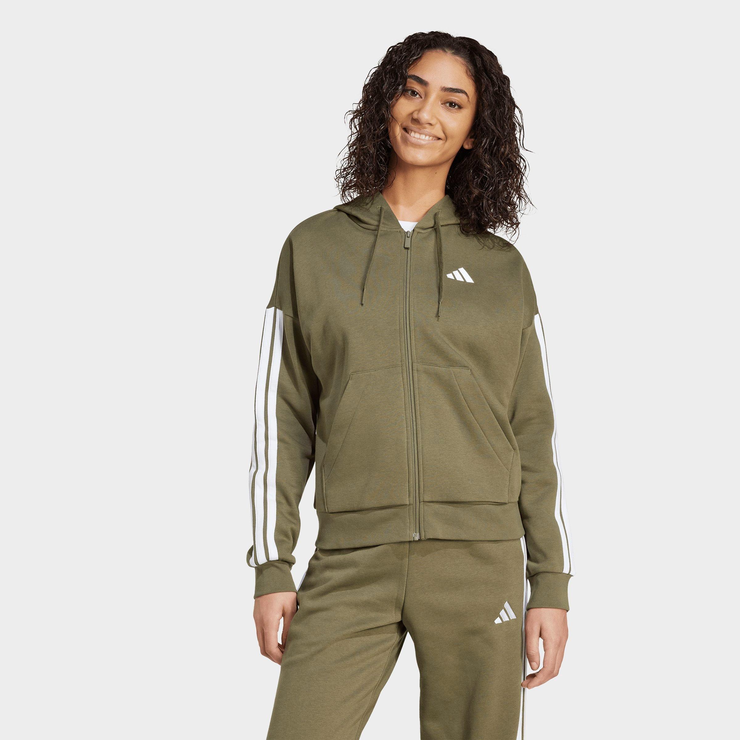 adidas Women's Essentials 3-Stripes Fleece Full-Zip Hoodie in Olive Strata/White Size: Small