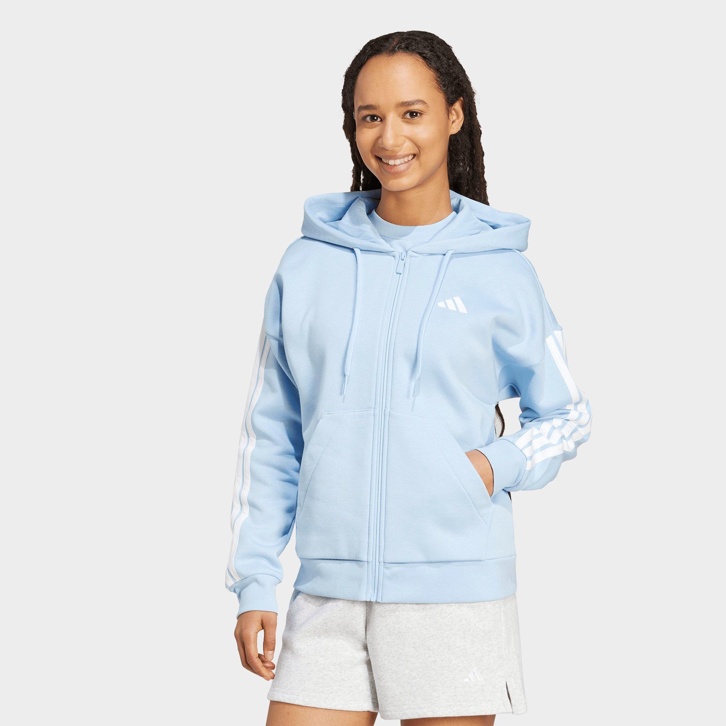 adidas Women's Essentials 3-Stripes Fleece Full-Zip Hoodie in Glow Blue/White Size: Large