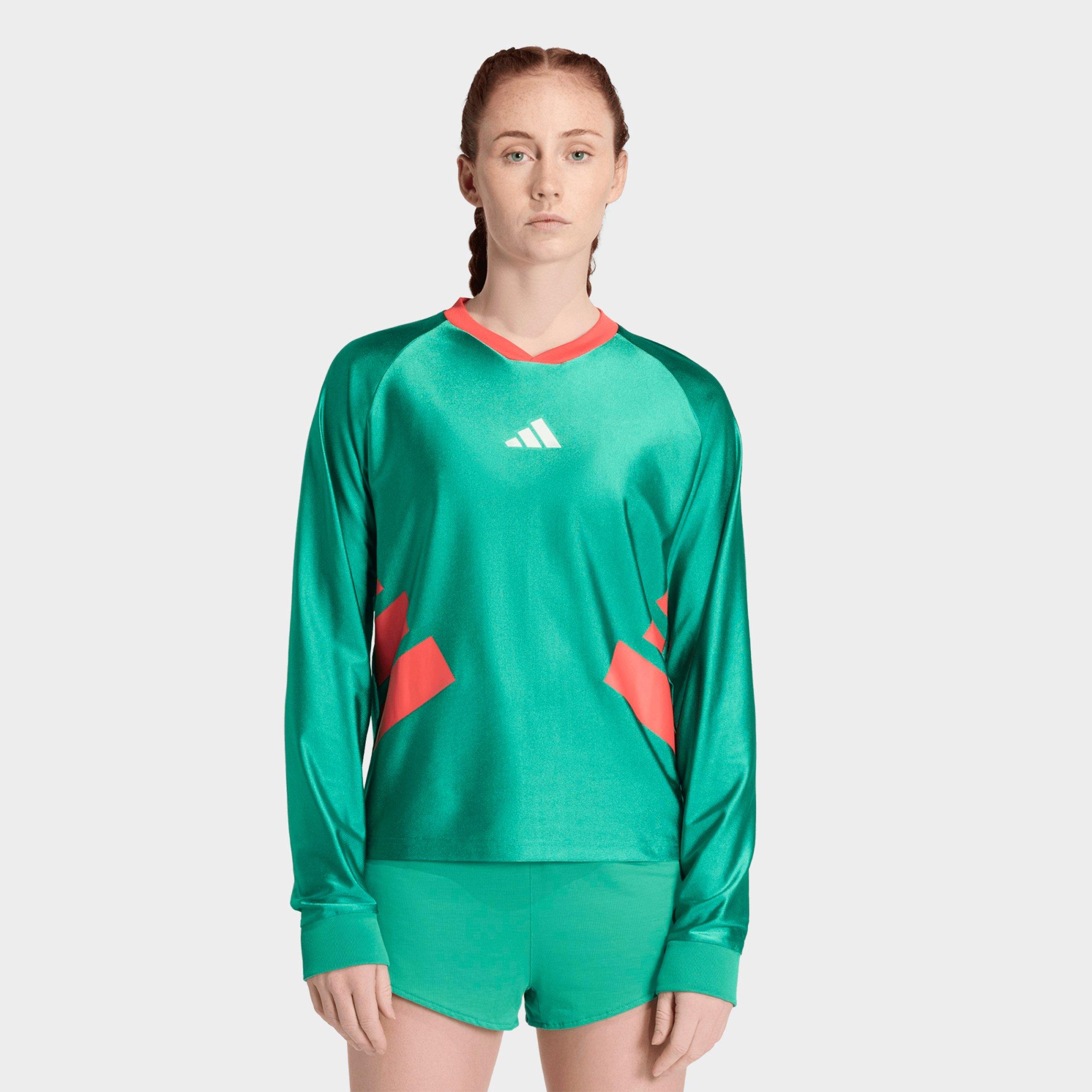 adidas Men's All Time Classics Long-Sleeve Running T-Shirt in Court Green/Semi Lucid Red Size: 4XL