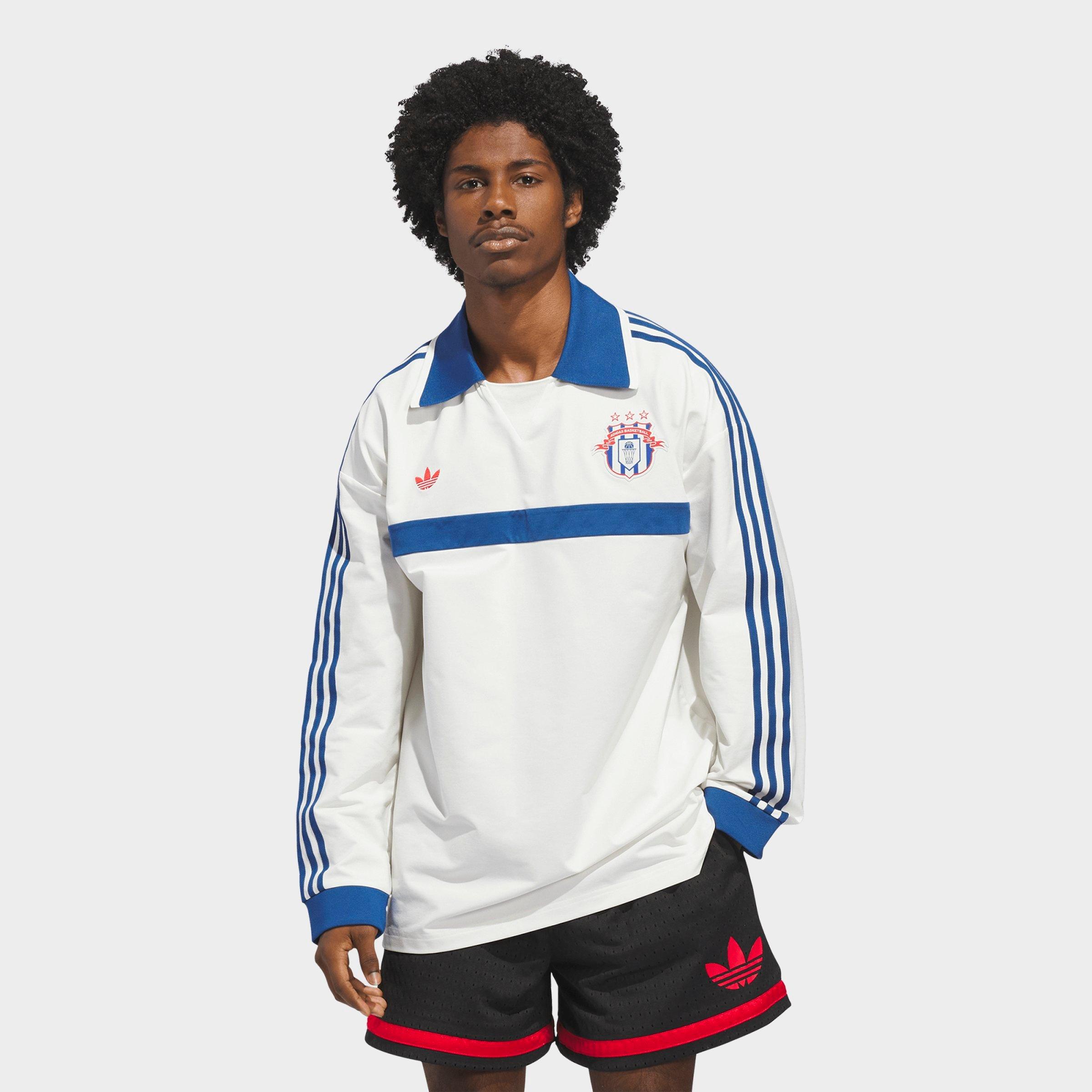 adidas Mens Originals Basketball Courtside Long-Sleeve Polo Shirt in Off White Size: Large
