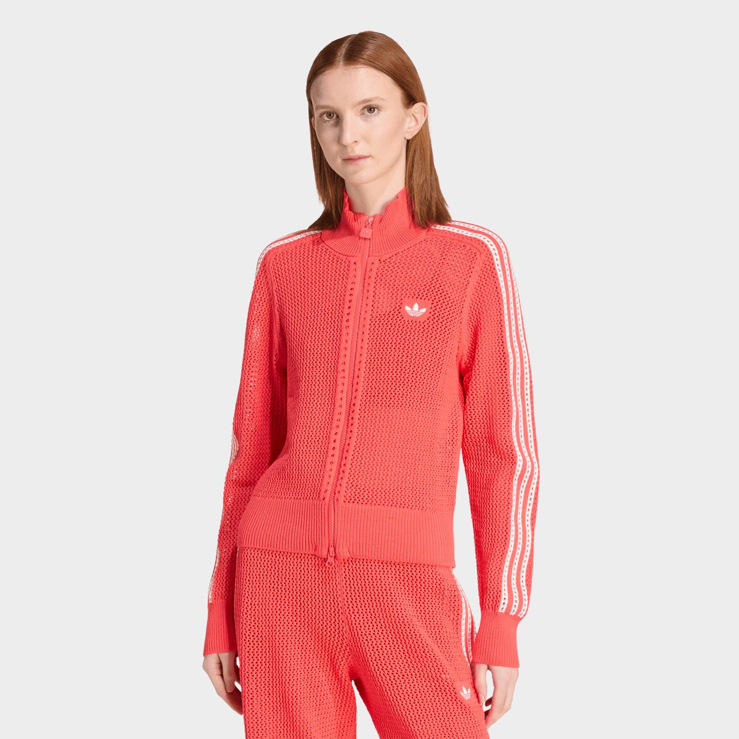 adidas Women's Originals Knitted Crochet Firebird Track Top in Semi Lucid Red Size: Small