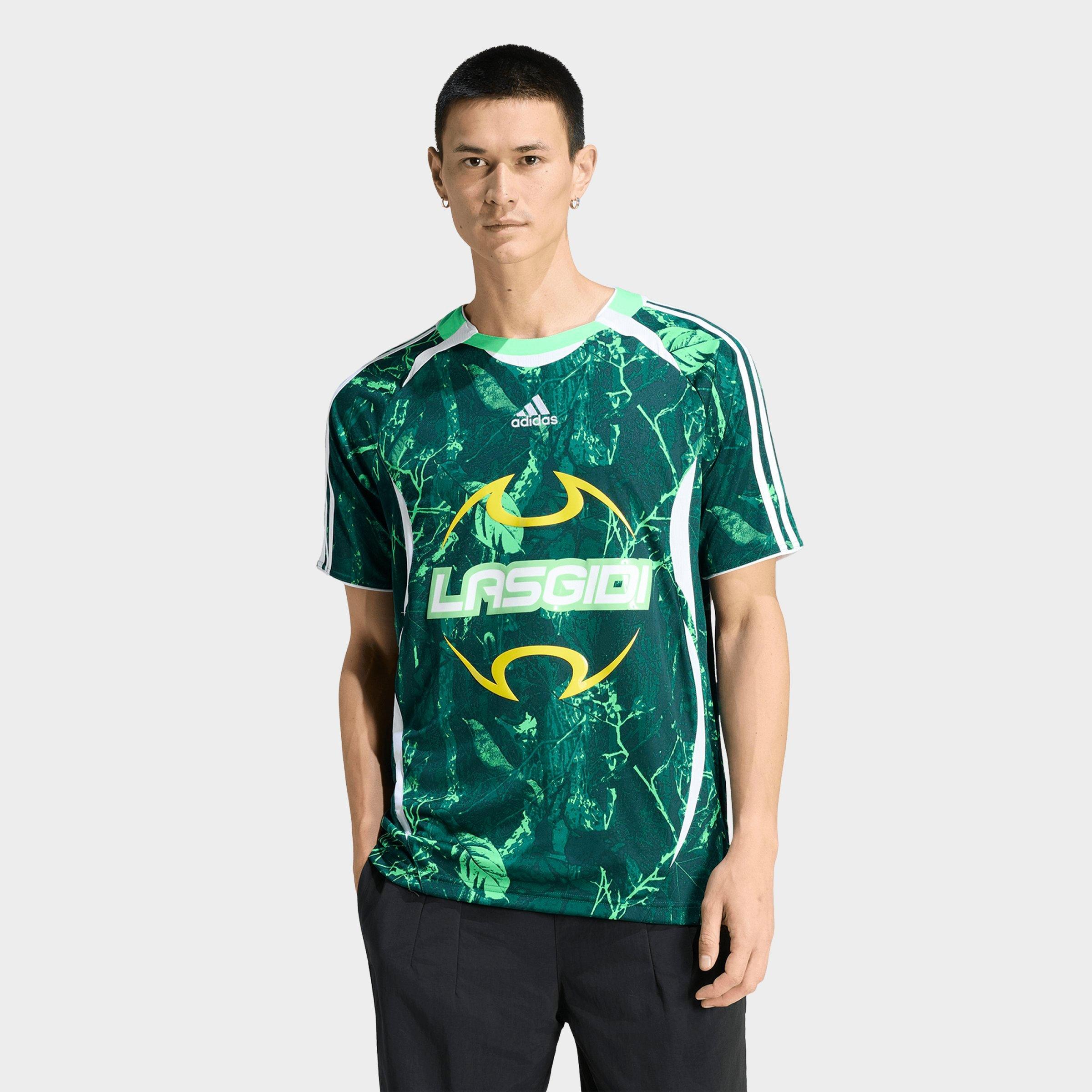 adidas Men's Originals Lagos Graphic Soccer Jersey in Screaming Green/Aurora Ivy/Collegiate Green Size: Medium