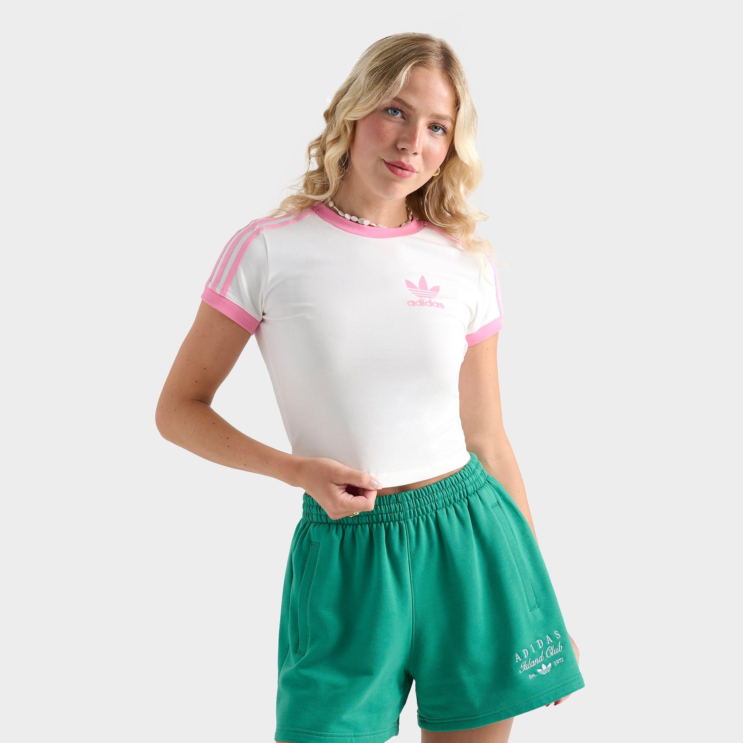 adidas Women's Originals 3 Stripes Slim Baby T-Shirt in Off White/Semi Pink Size: XS