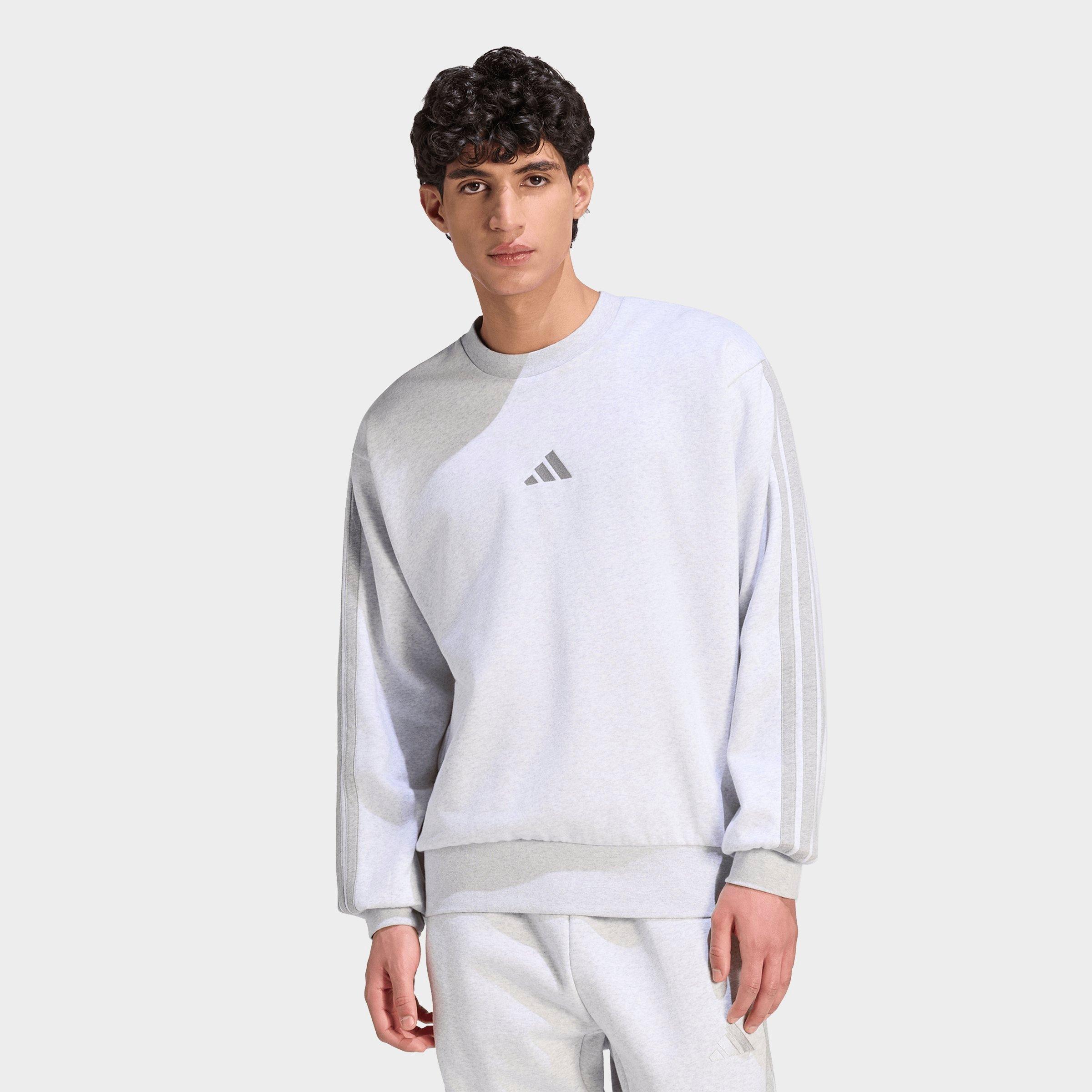 adidas Men's Essentials 3-Stripes Fleece Crewneck Sweatshirt in Light Grey Heather/Medium Grey Heather Size: Small