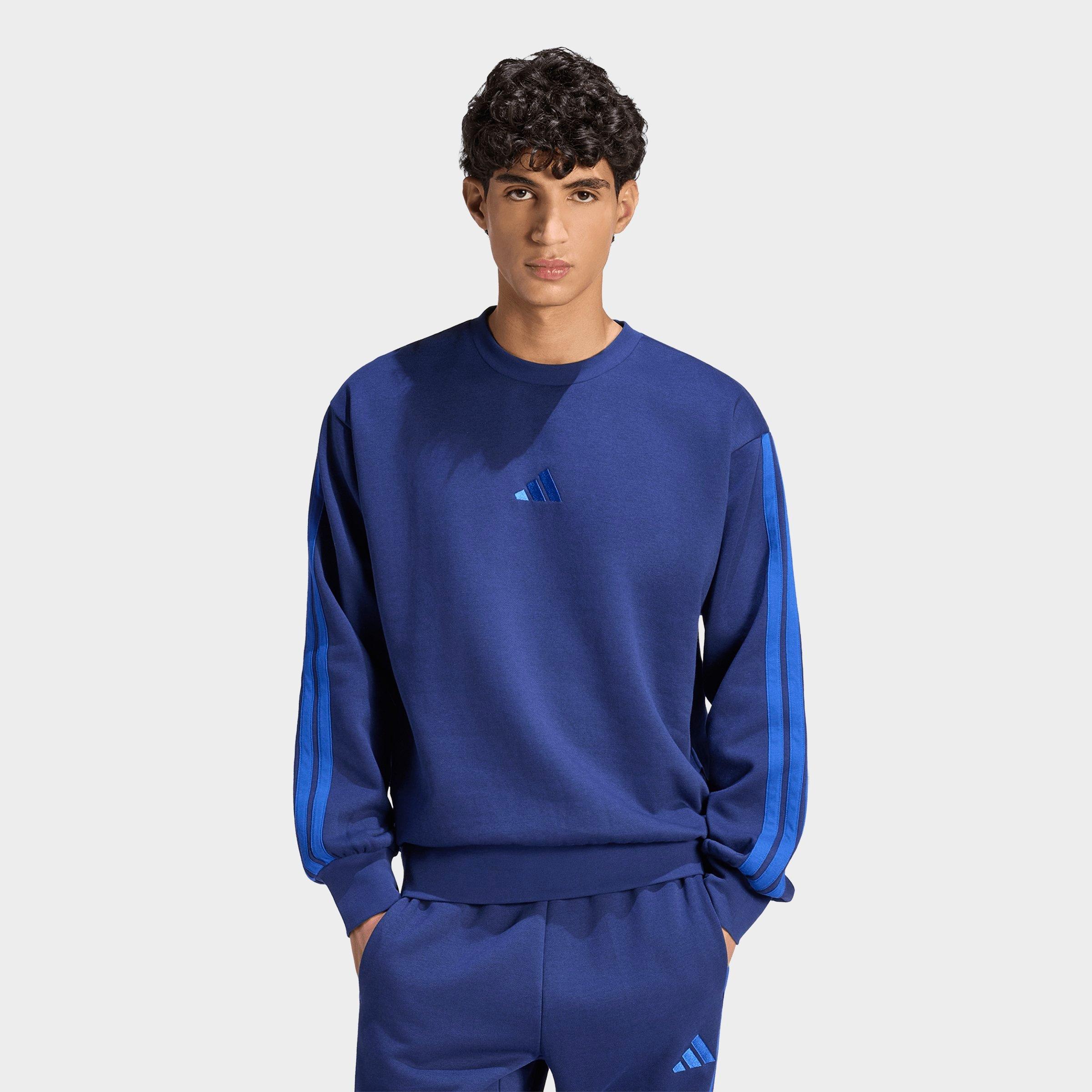 adidas Men's Essentials 3-Stripes Fleece Crewneck Sweatshirt in Dark Blue/Team Royal Blue Size: XL