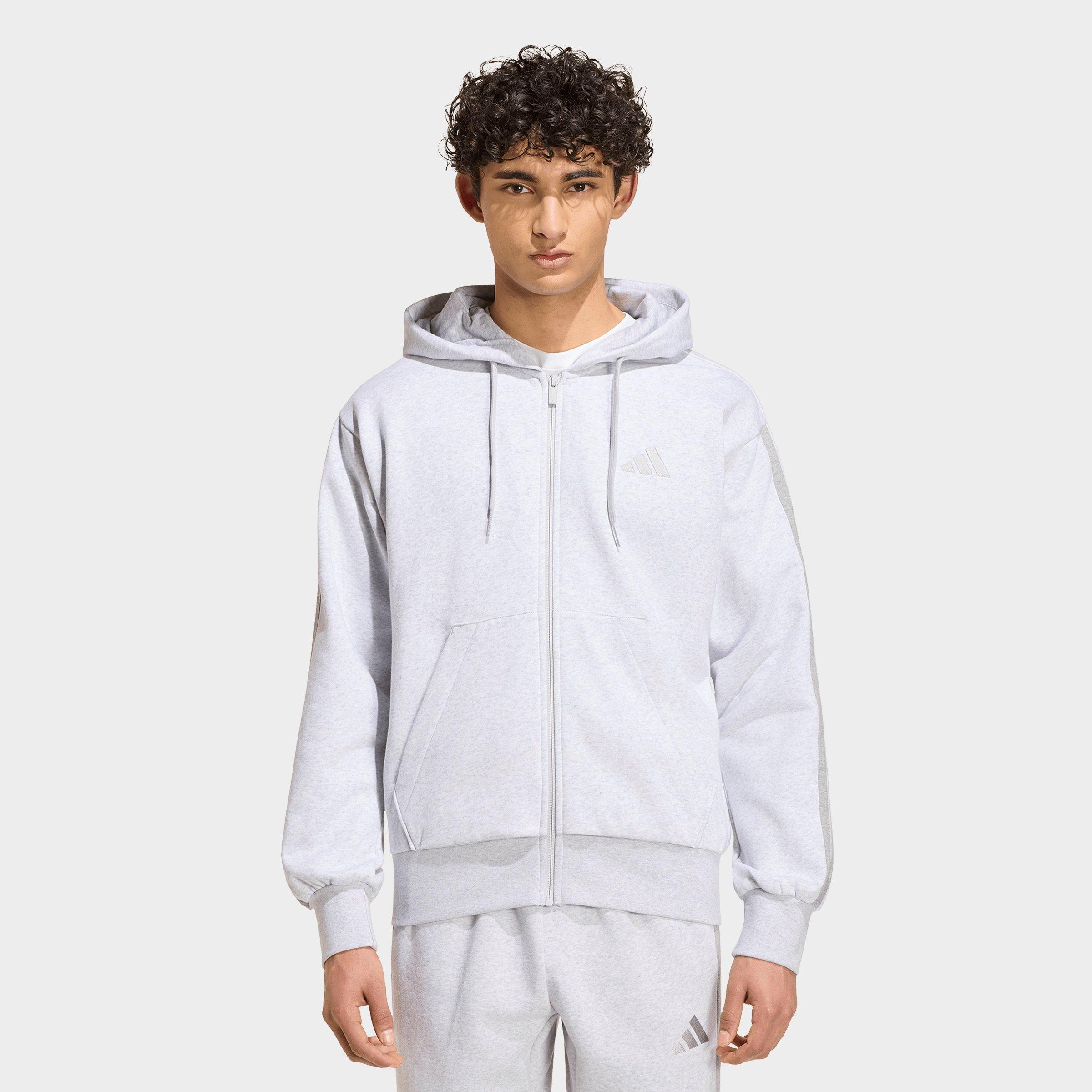 adidas Men's Essentials 3-Stripes Fleece Full-Zip Hoodie in Light Grey Heather/Medium Grey Heather