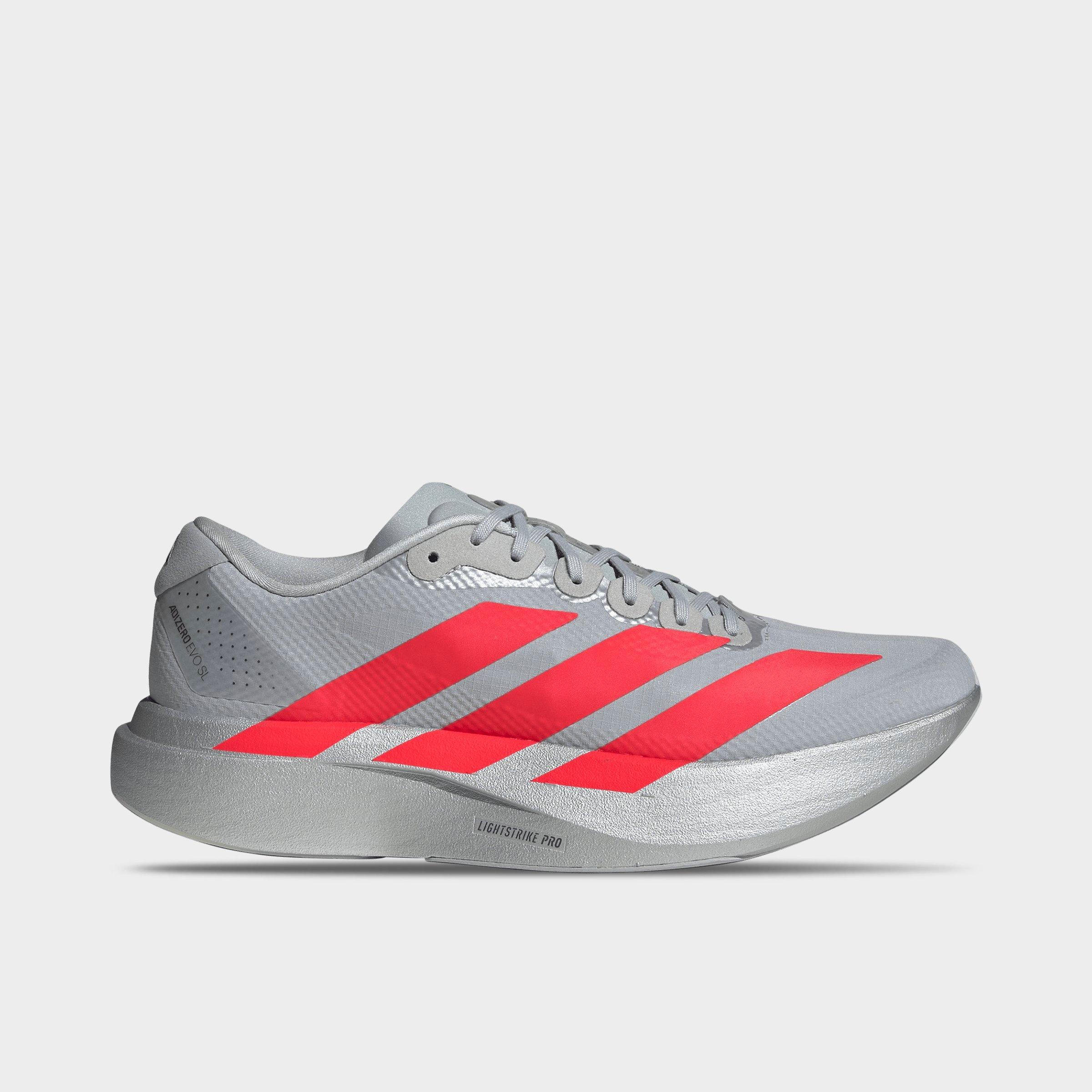 adidas Mens Adizero EVO SL Woven Running Shoes in Silver Metallic/Lucid Red/Iron Metallic Size: 13.0